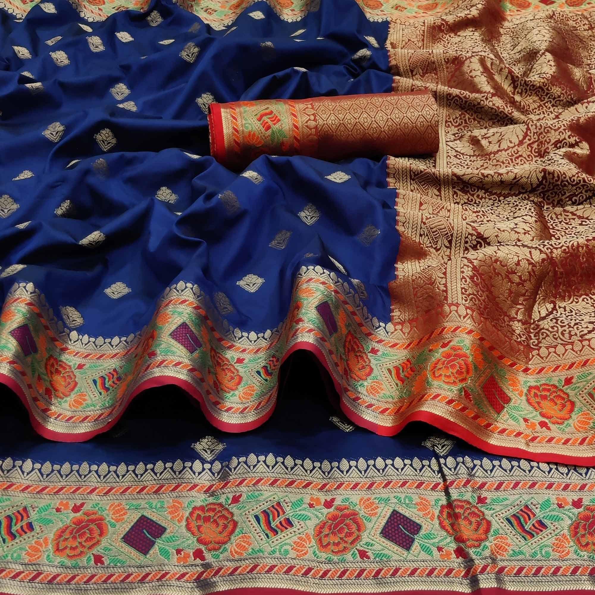 Navy Blue Festive Wear Floral Woven Soft Silk Saree With Jacquard Border - Peachmode