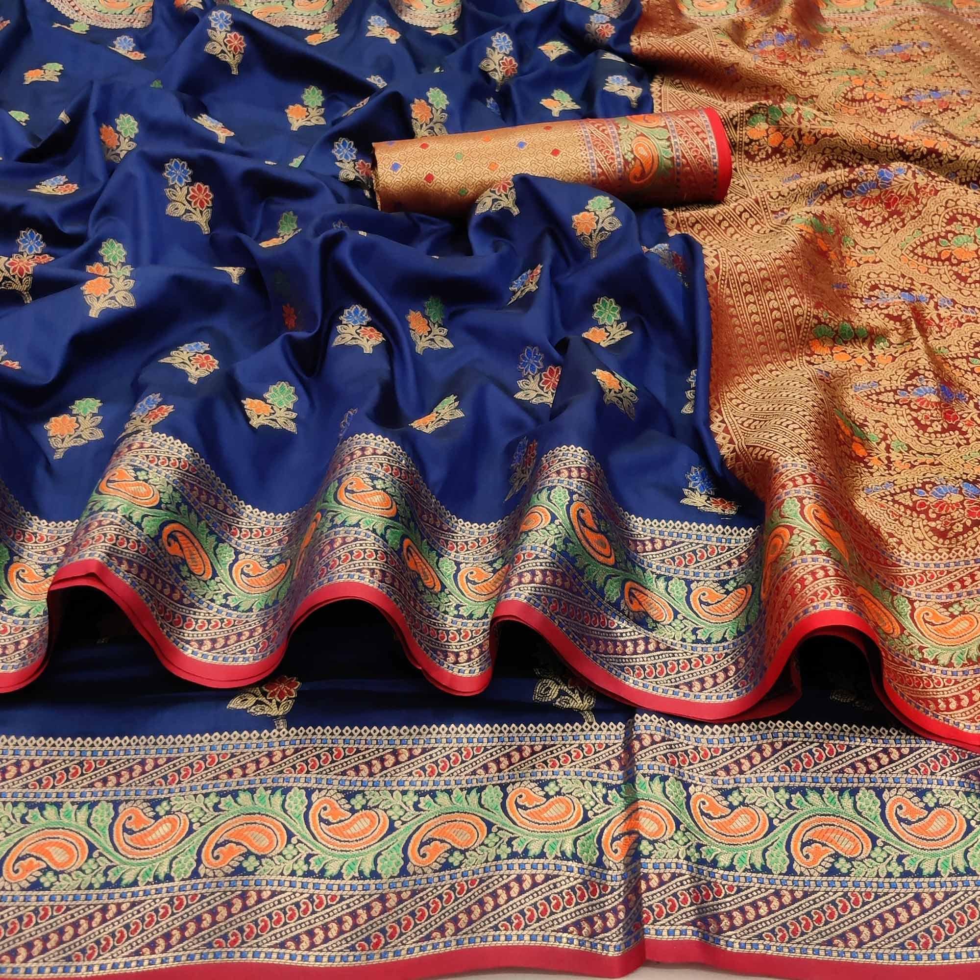 Navy Blue Festive Wear Floral Woven Soft Silk Saree With Jacquard Border - Peachmode