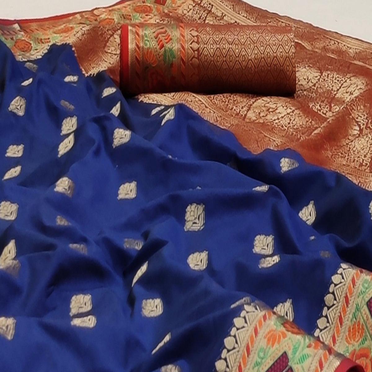 Navy Blue Festive Wear Floral Woven Soft Silk Saree With Jacquard Border - Peachmode