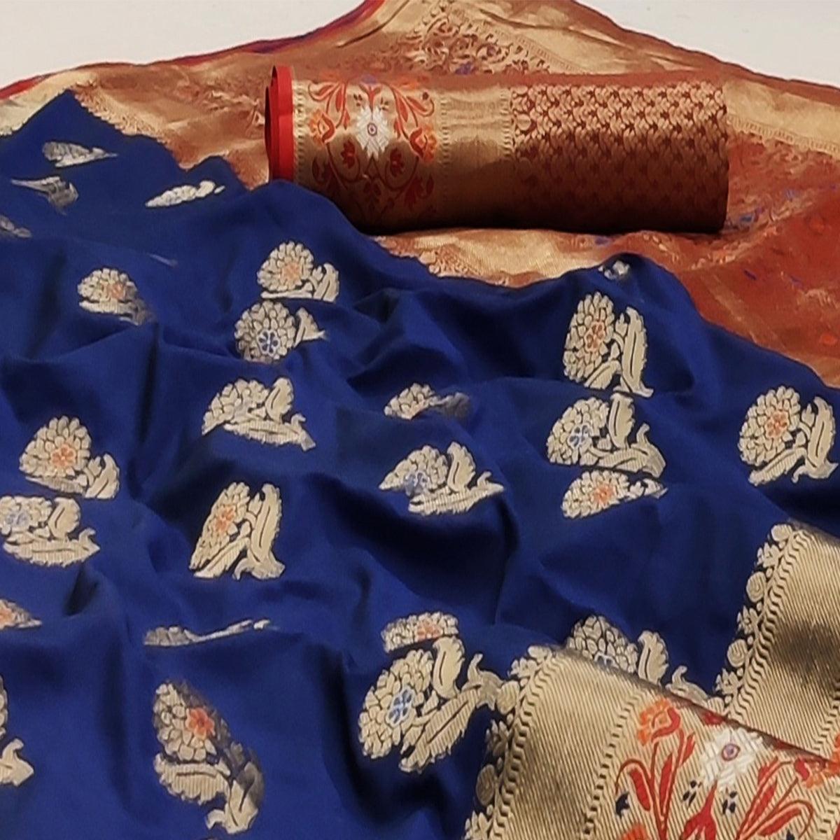 Navy Blue Festive Wear Floral Woven Soft Silk Saree With Jacquard Border - Peachmode
