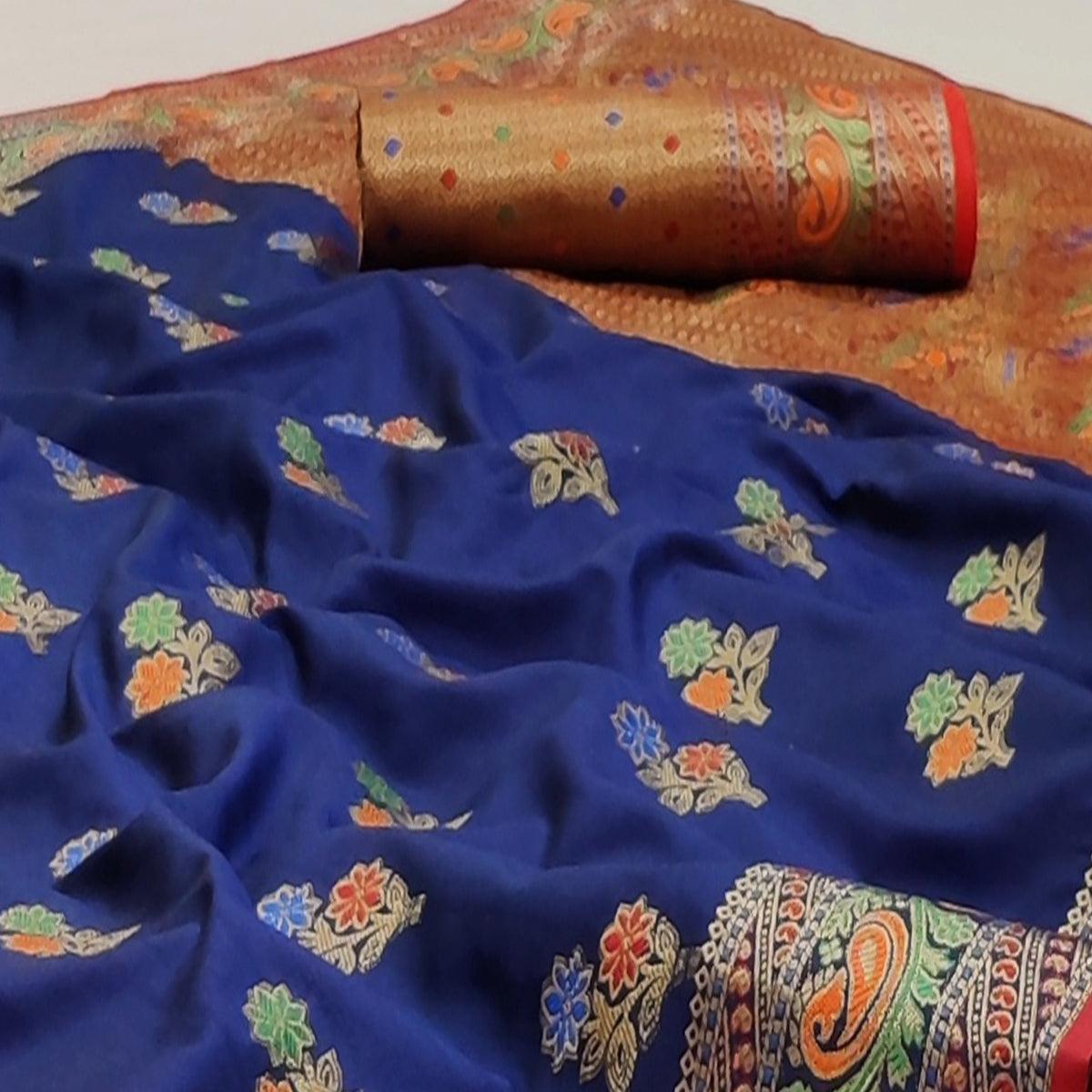 Navy Blue Festive Wear Floral Woven Soft Silk Saree With Jacquard Border - Peachmode