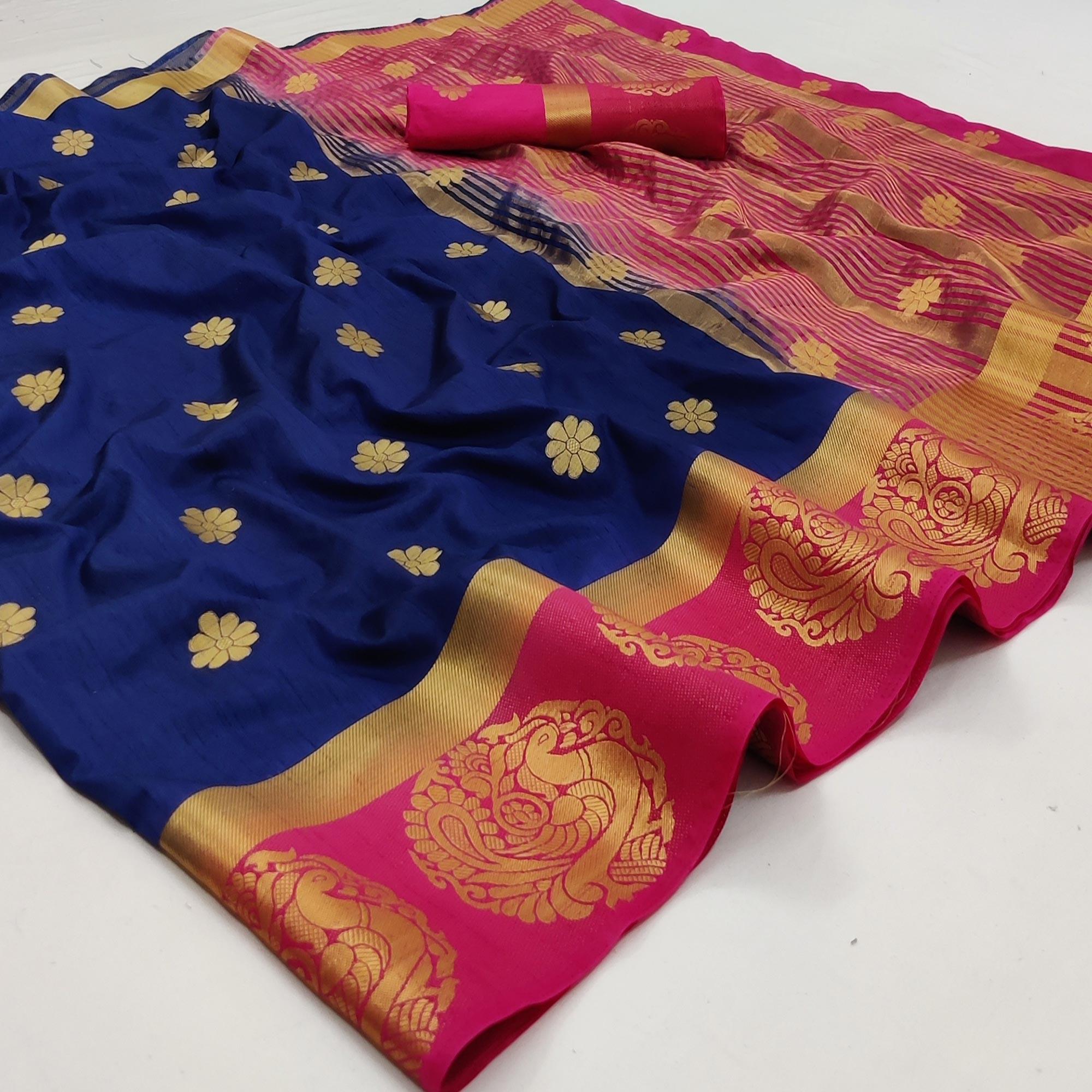 Navy Blue Festive Wear Jacquard Border Soft Silk Saree - Peachmode