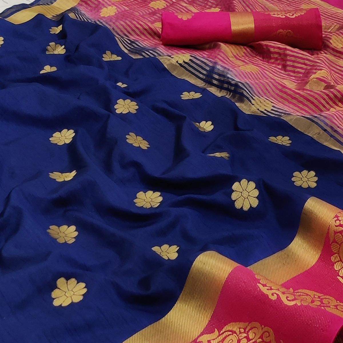 Navy Blue Festive Wear Jacquard Border Soft Silk Saree - Peachmode