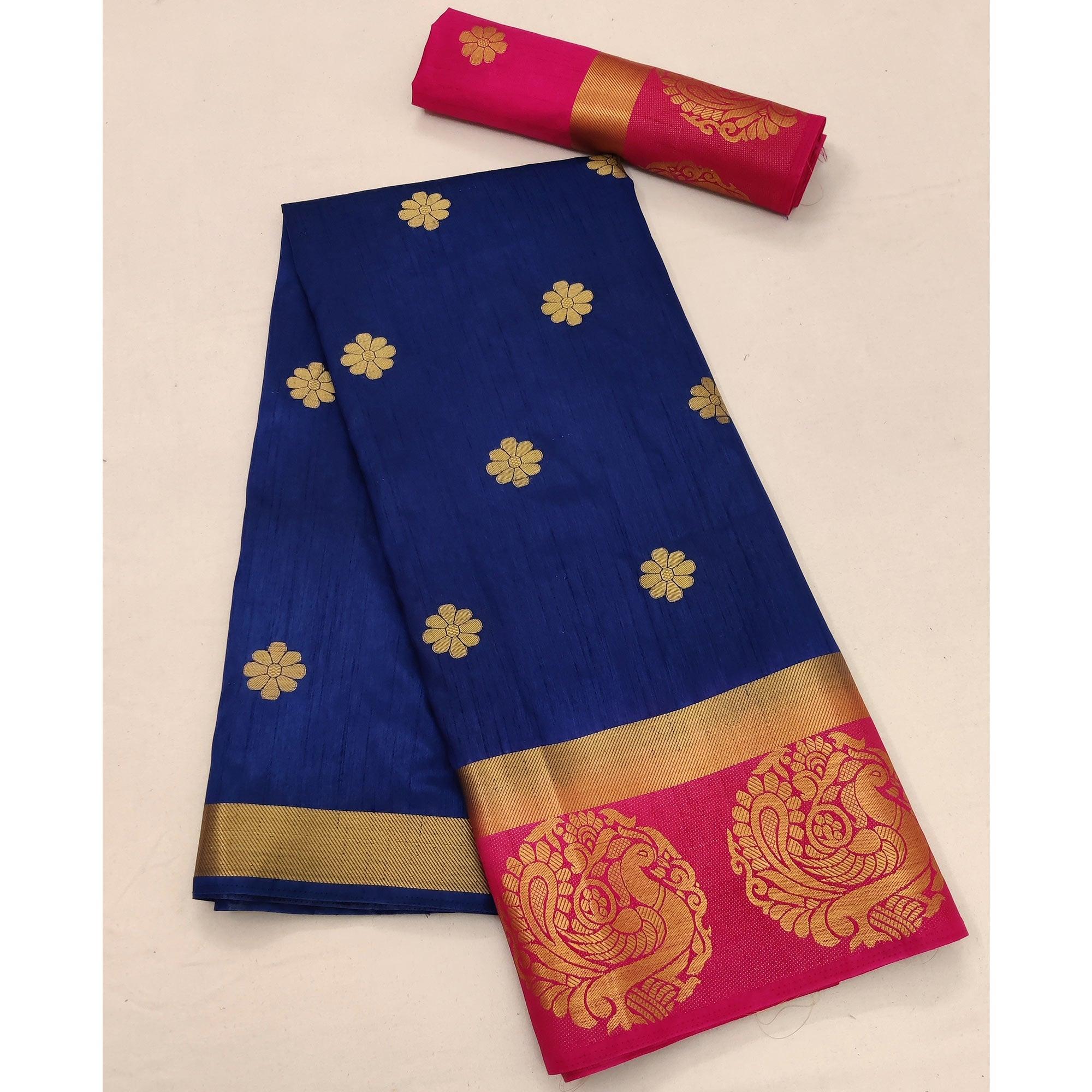 Navy Blue Festive Wear Jacquard Border Soft Silk Saree - Peachmode