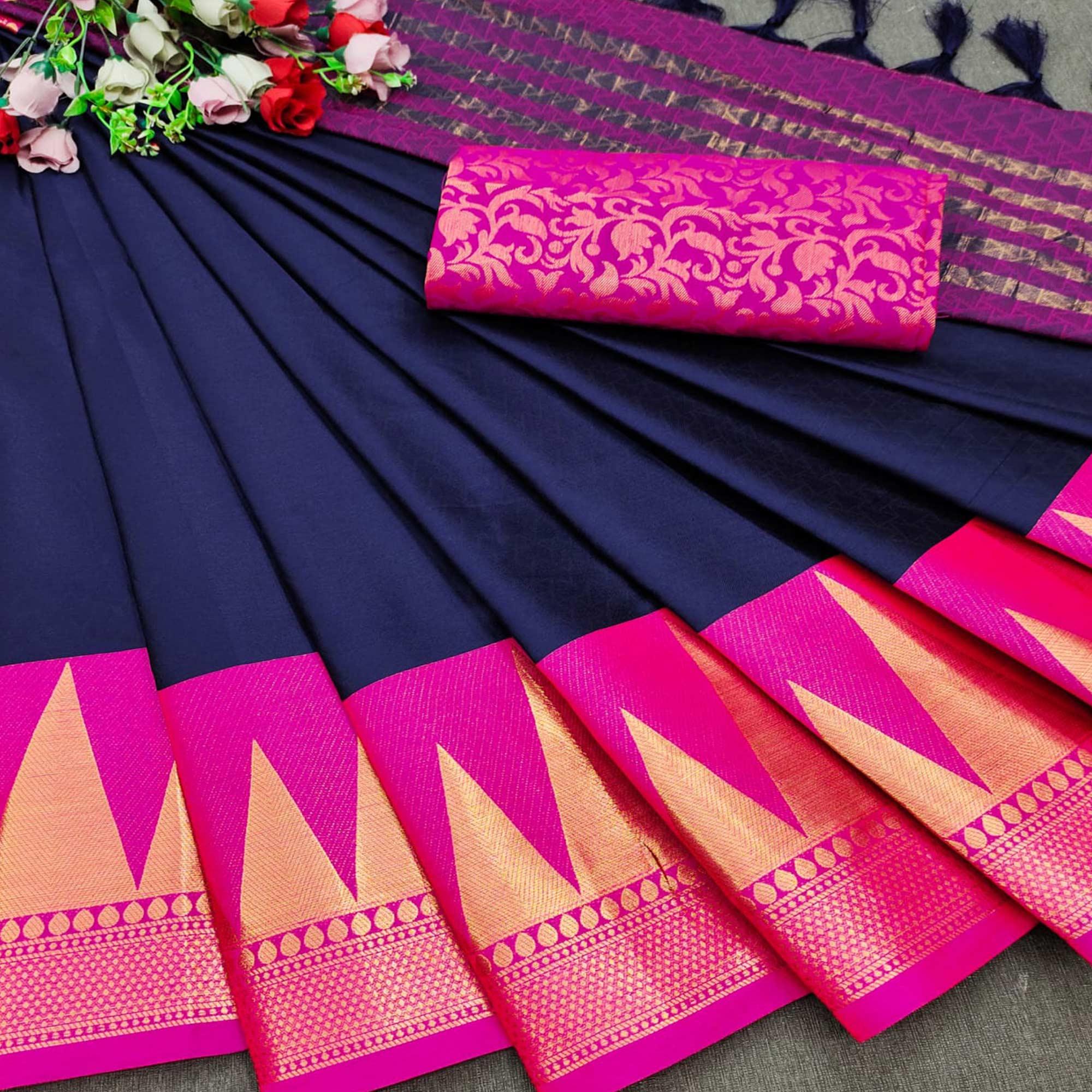 Navy Blue Festive Wear Jacquard Woven Border Heavy Cotton Silk Saree - Peachmode