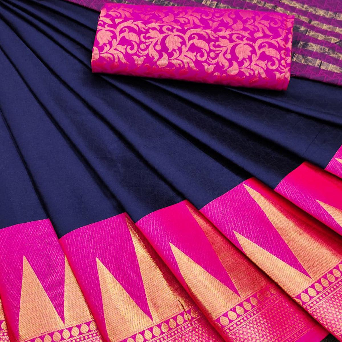 Navy Blue Festive Wear Jacquard Woven Border Heavy Cotton Silk Saree - Peachmode