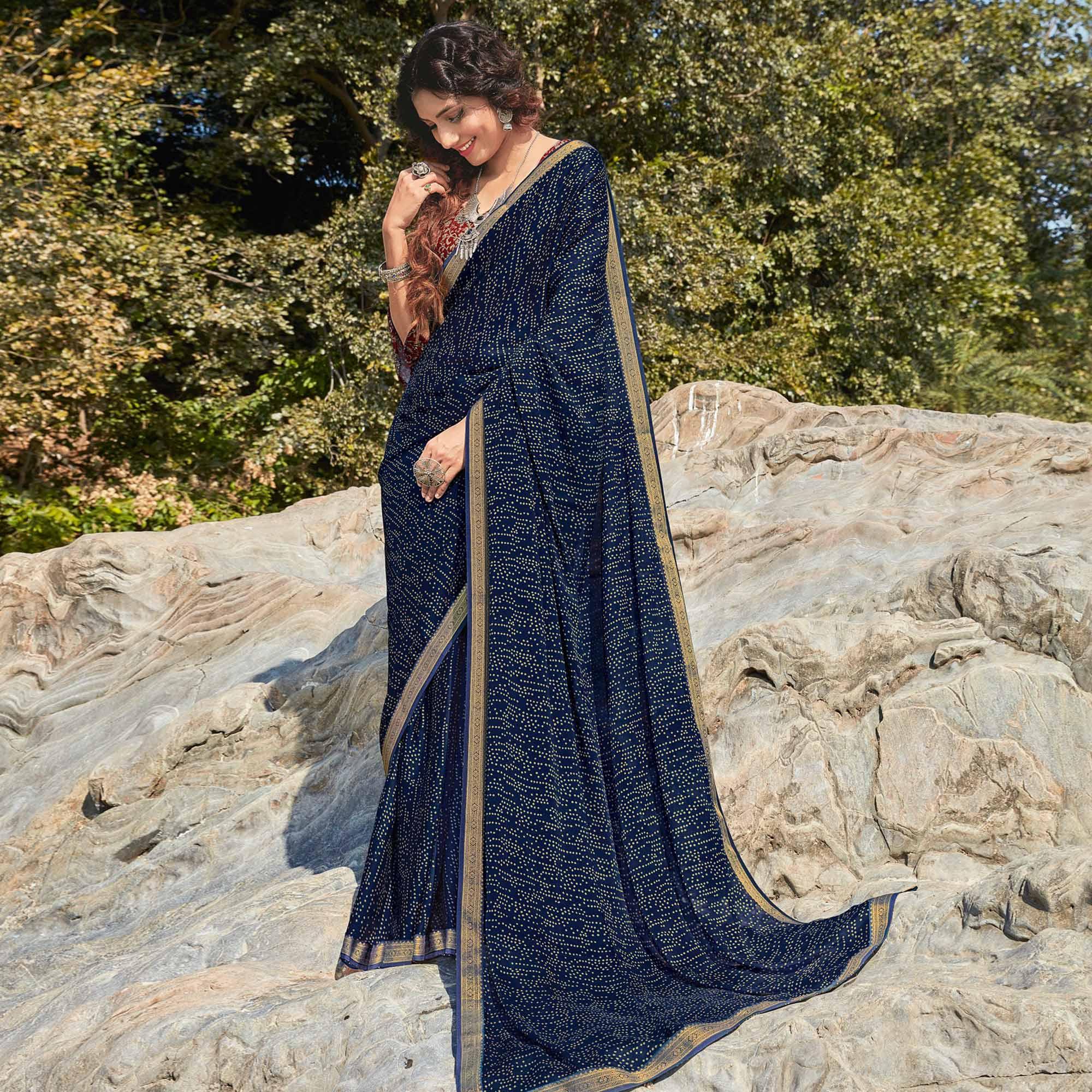 Navy Blue Festive Wear Printed Silk Saree - Peachmode