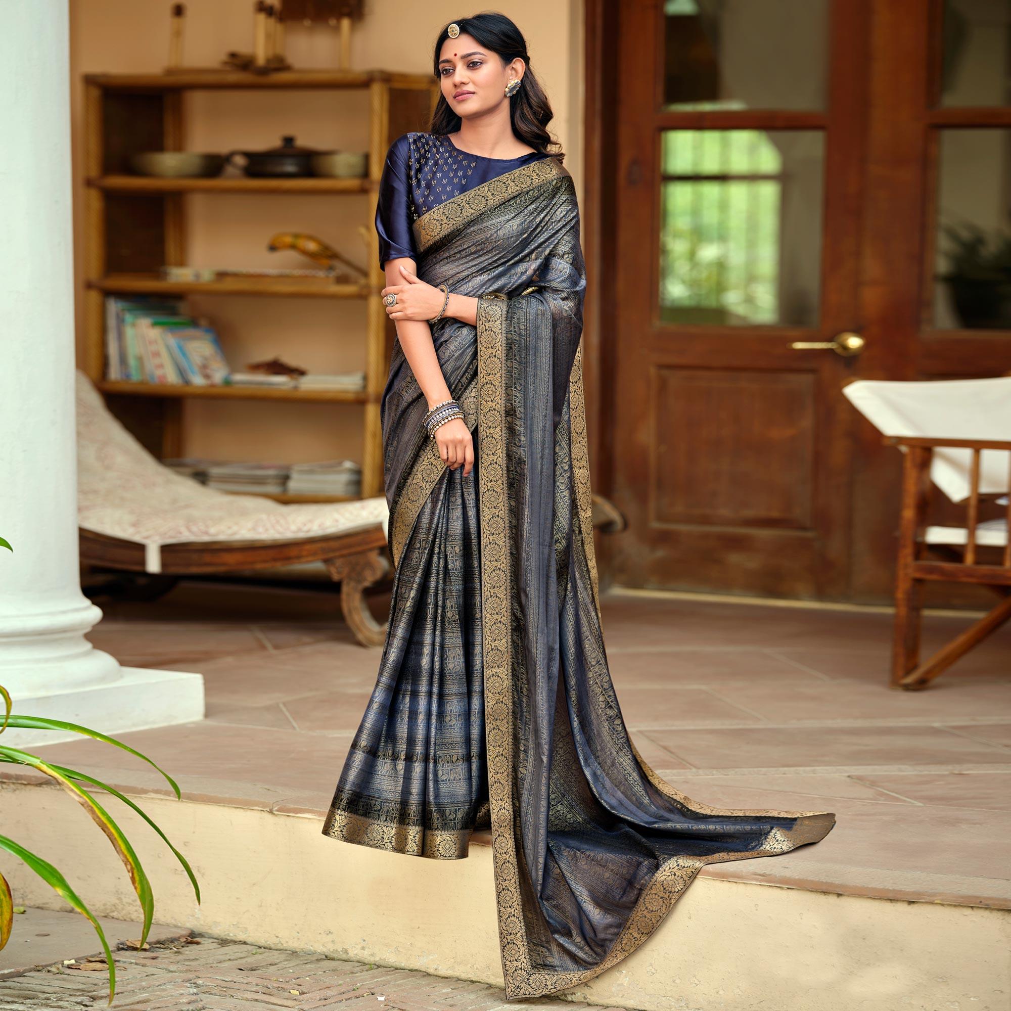 Navy Blue Festive Wear Printed Silk Saree - Peachmode