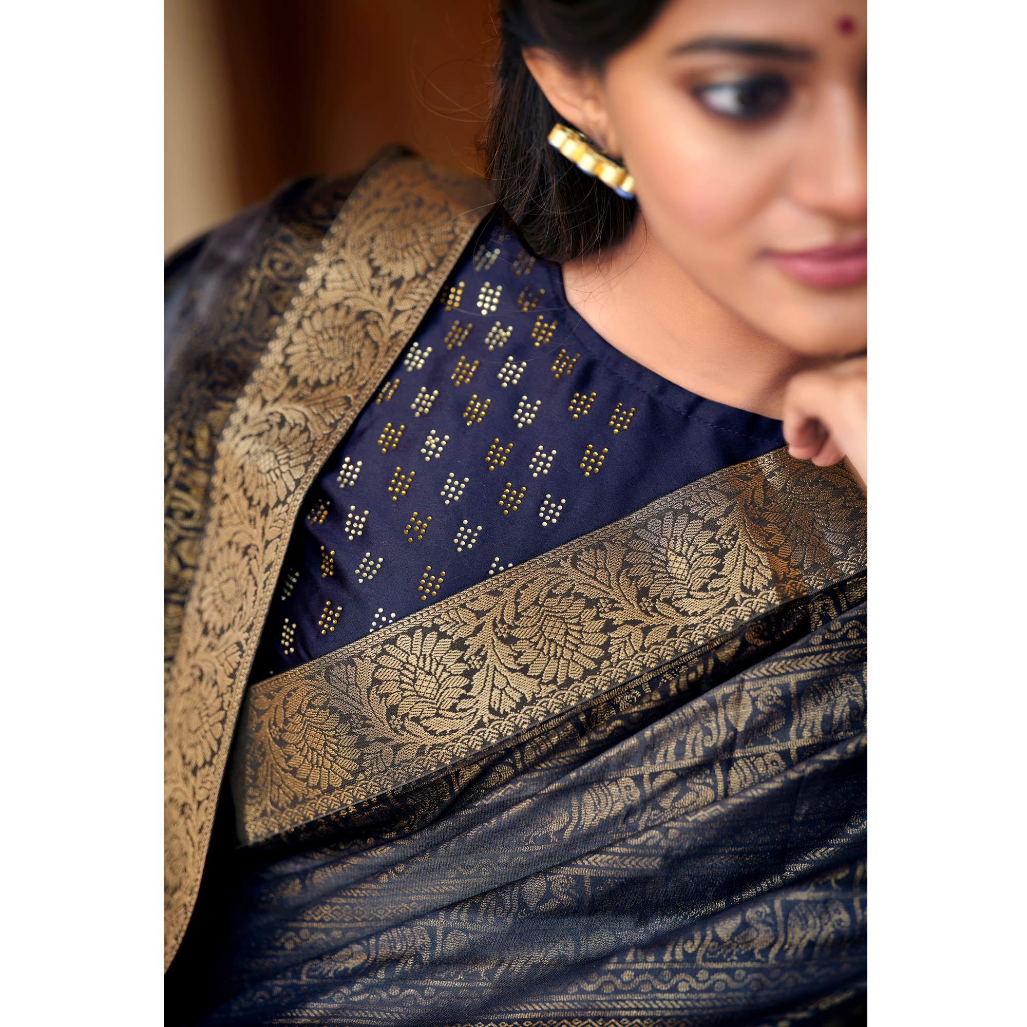 Navy Blue Festive Wear Printed Silk Saree - Peachmode