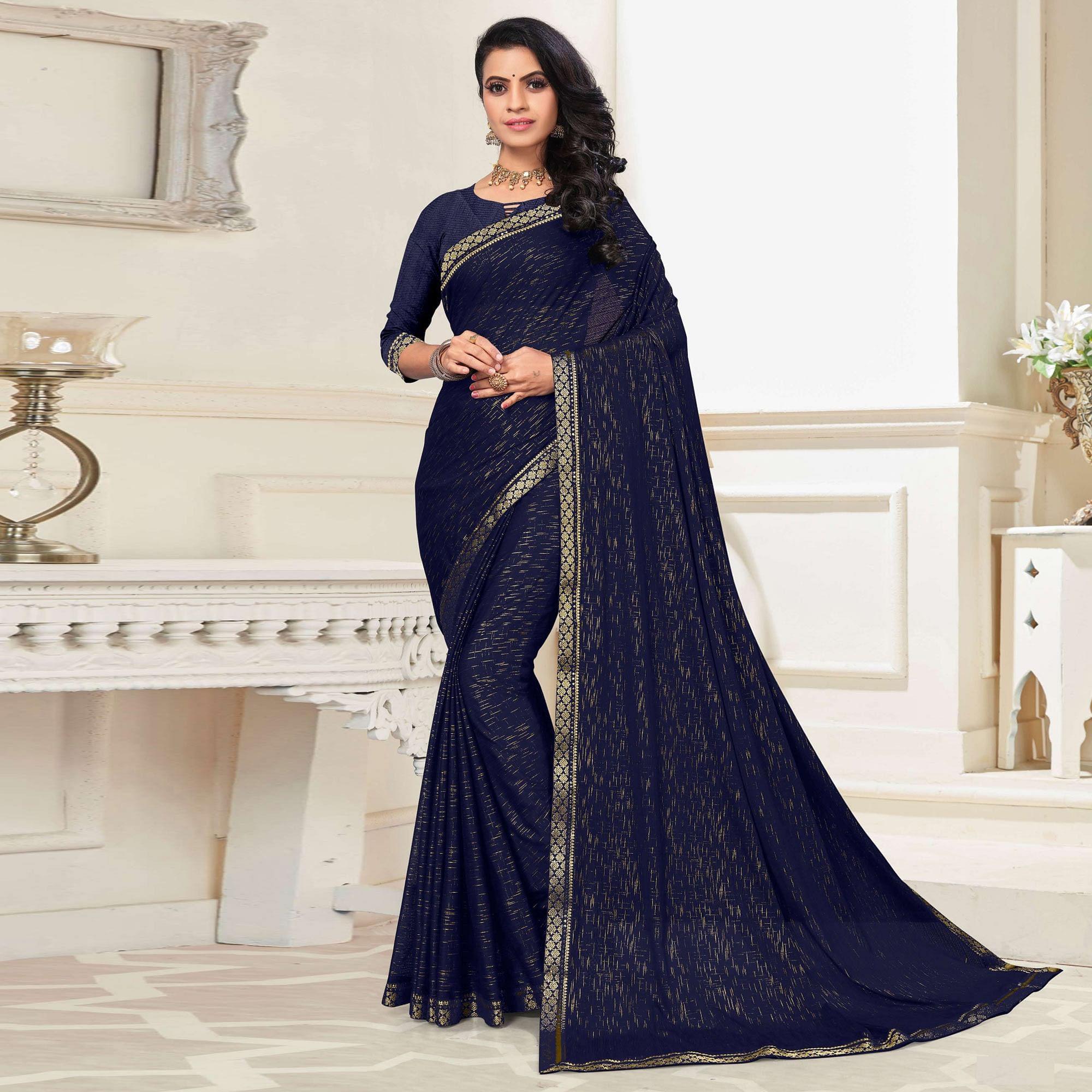 Navy Blue Festive Wear Printed With Banarasi Lace Art Silk Saree - Peachmode