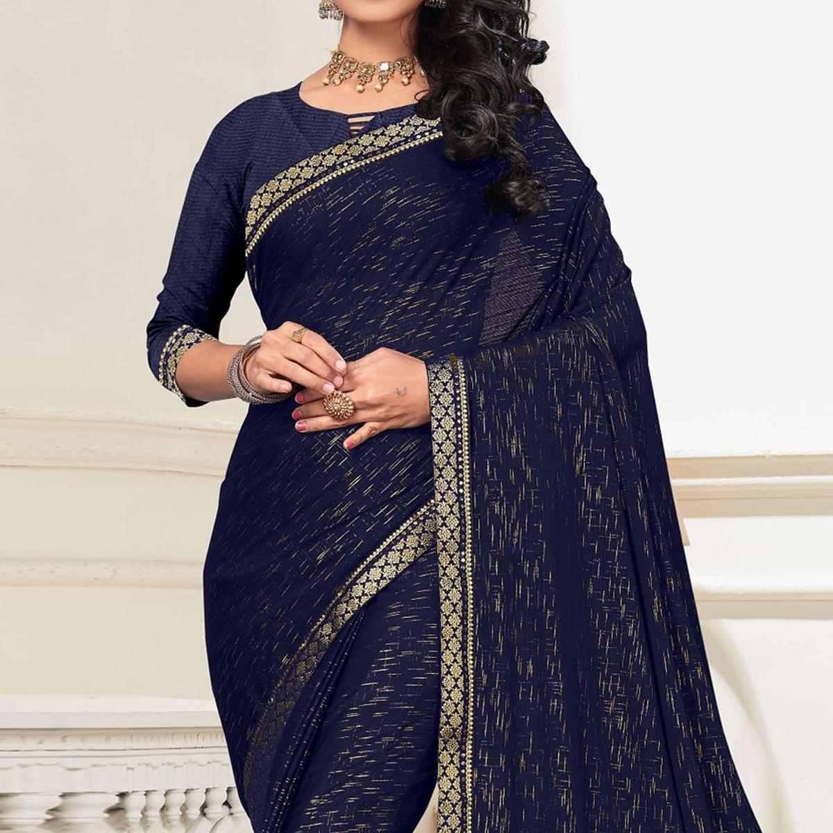 Navy Blue Festive Wear Printed With Banarasi Lace Art Silk Saree - Peachmode