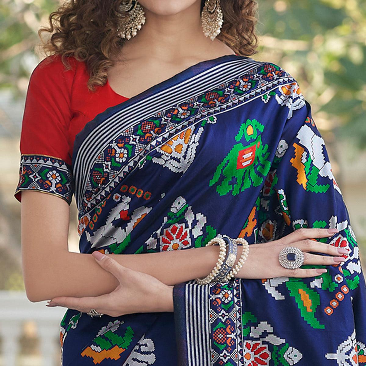 Navy Blue Festive Wear Printed With Weaving Patola Silk Saree - Peachmode