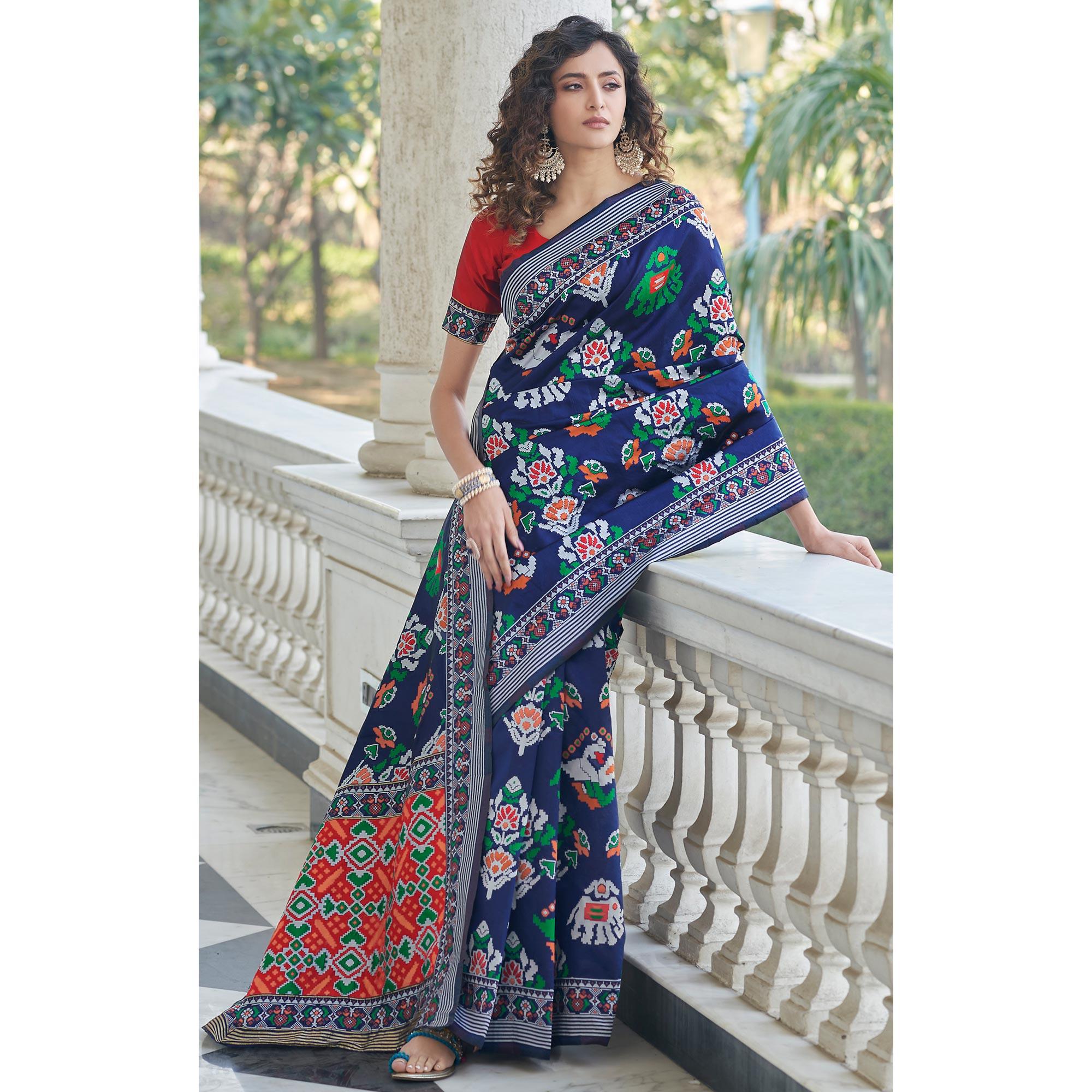 Navy Blue Festive Wear Printed With Weaving Patola Silk Saree - Peachmode