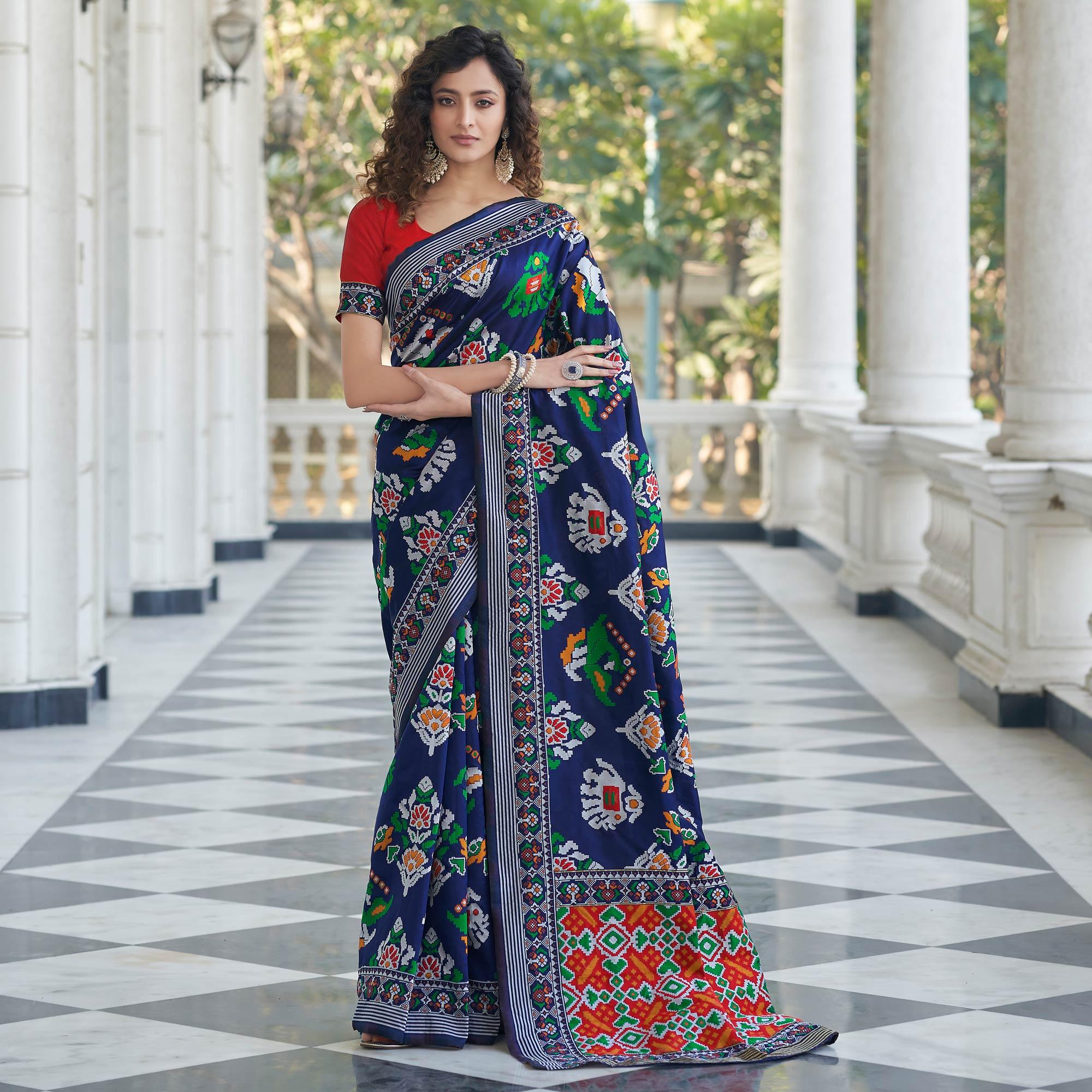 Navy Blue Festive Wear Printed With Weaving Patola Silk Saree - Peachmode
