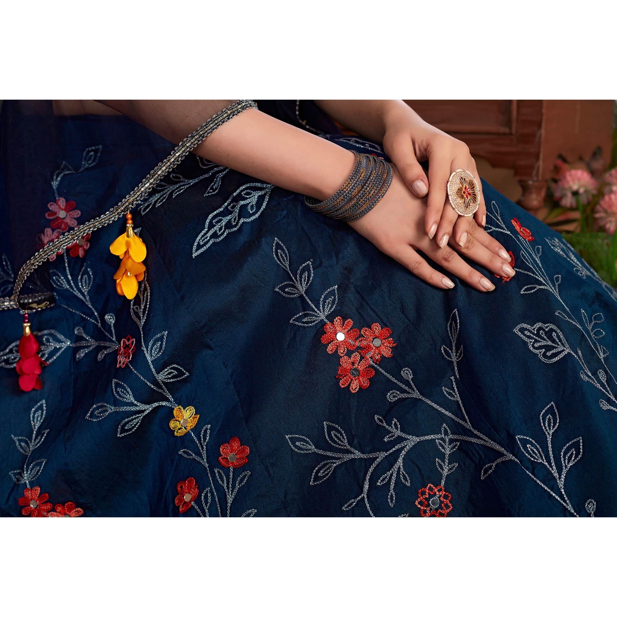 Navy Blue Festive Wear Thread Floral Embroidered With Mirror Pasting Art Silk Lehenga Choli - Peachmode