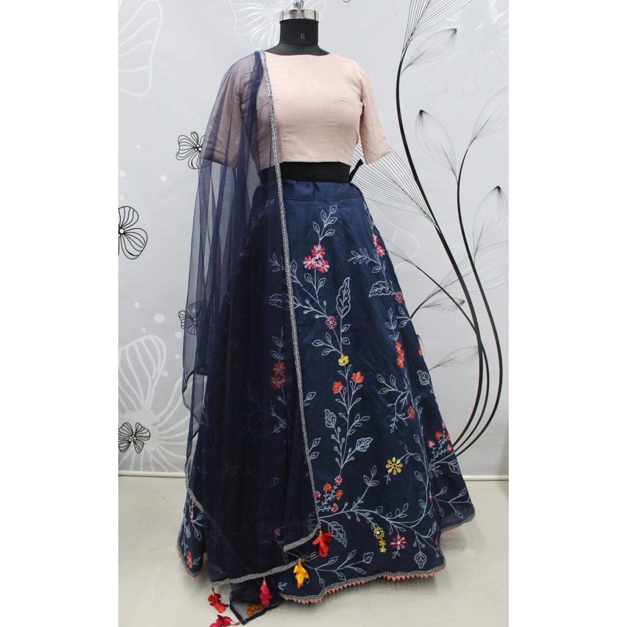 Navy Blue Festive Wear Thread Floral Embroidered With Mirror Pasting Art Silk Lehenga Choli - Peachmode