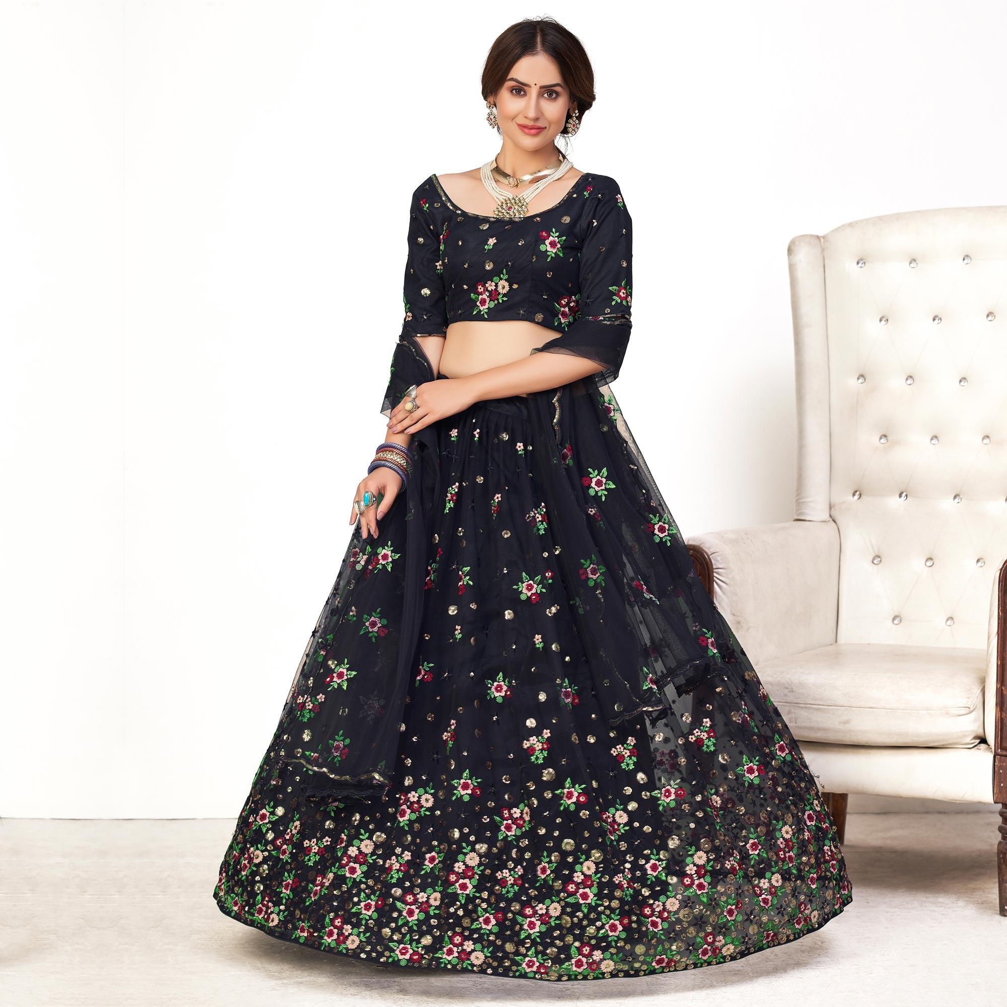 Navy Blue Festive Wear Thread With Floral Sequence Embroidered Net Lehenga Choli - Peachmode