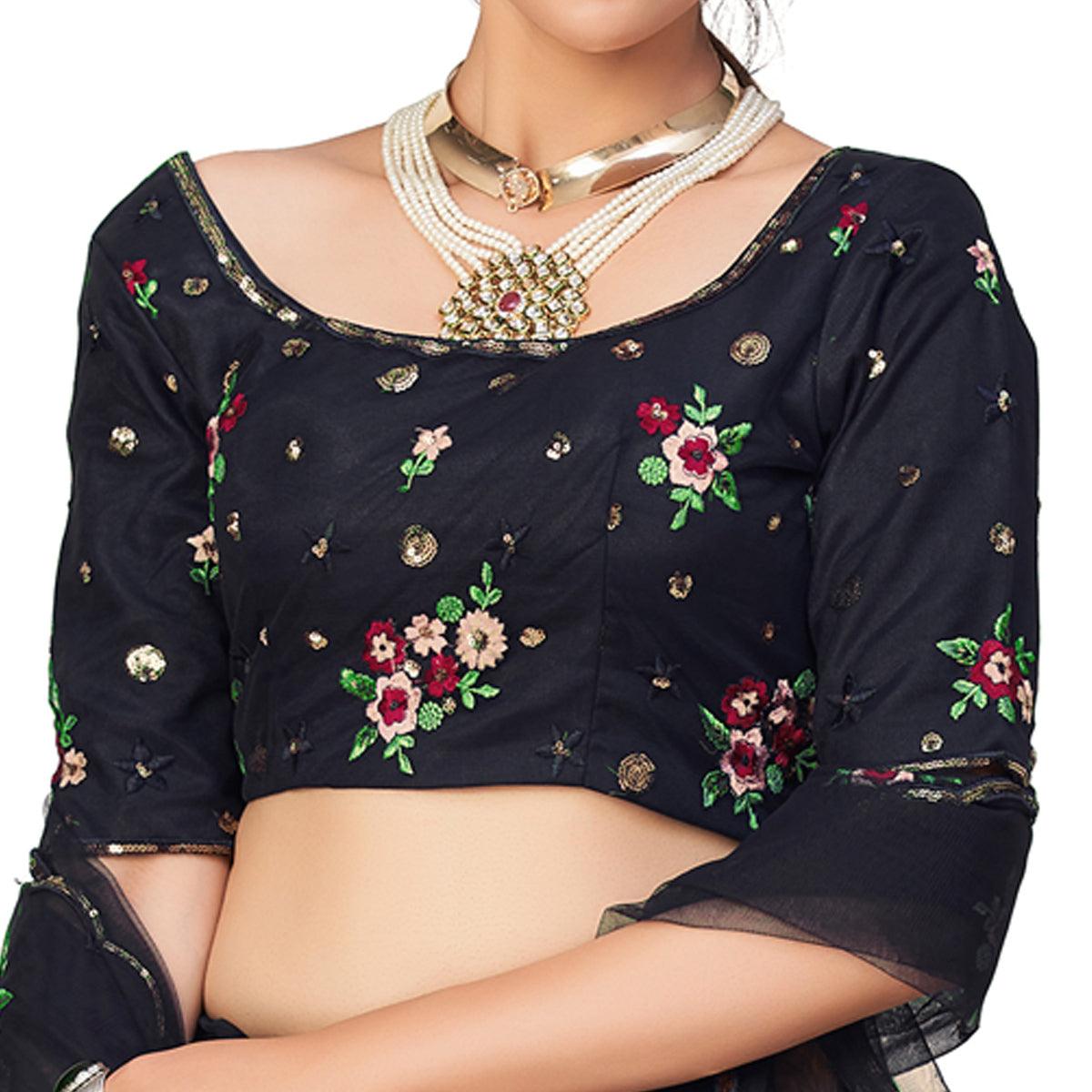 Navy Blue Festive Wear Thread With Floral Sequence Embroidered Net Lehenga Choli - Peachmode