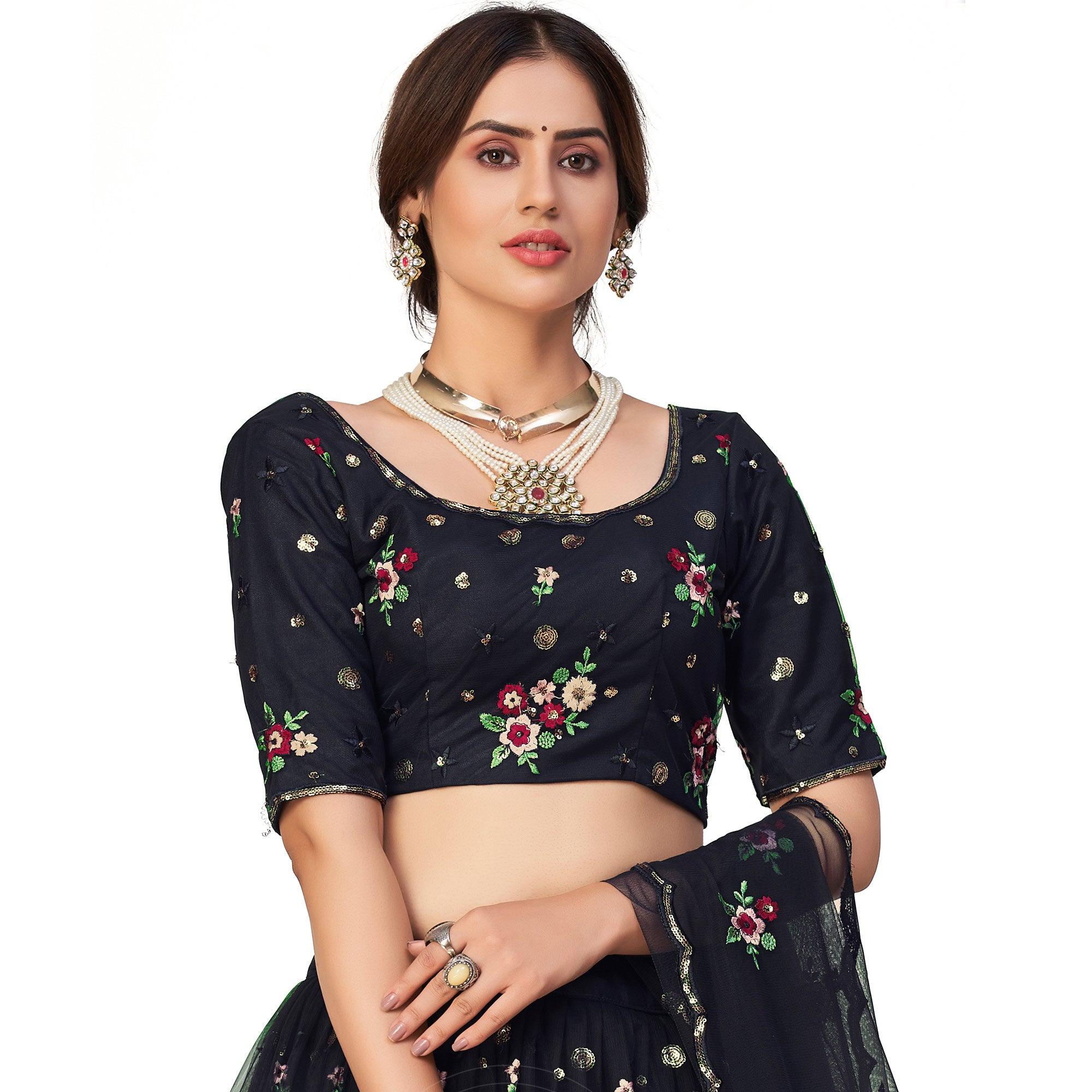 Navy Blue Festive Wear Thread With Floral Sequence Embroidered Net Lehenga Choli - Peachmode