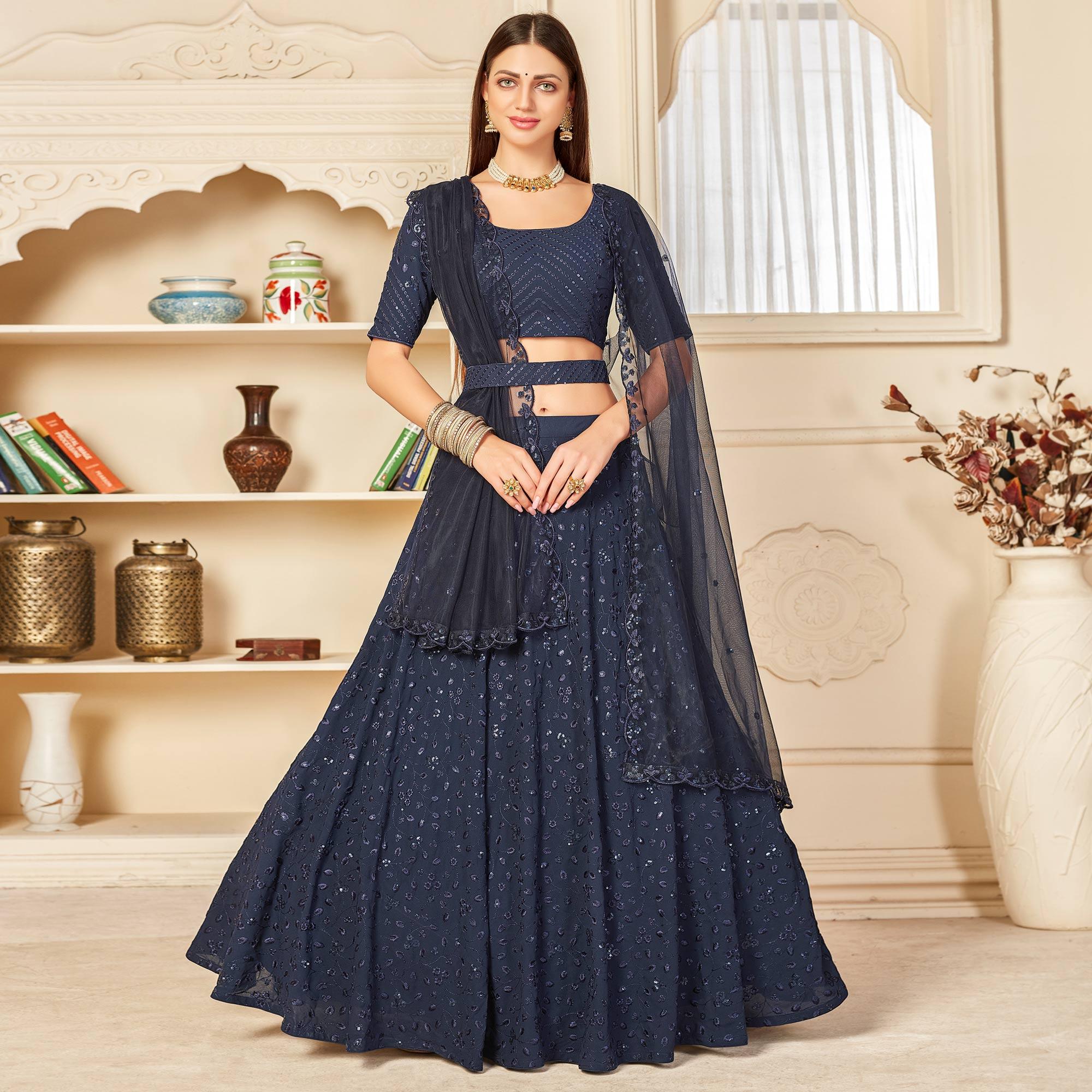 Navy Blue Festive Wear Thread with Sequence Embroidered Georgette Lehenga Choli - Peachmode