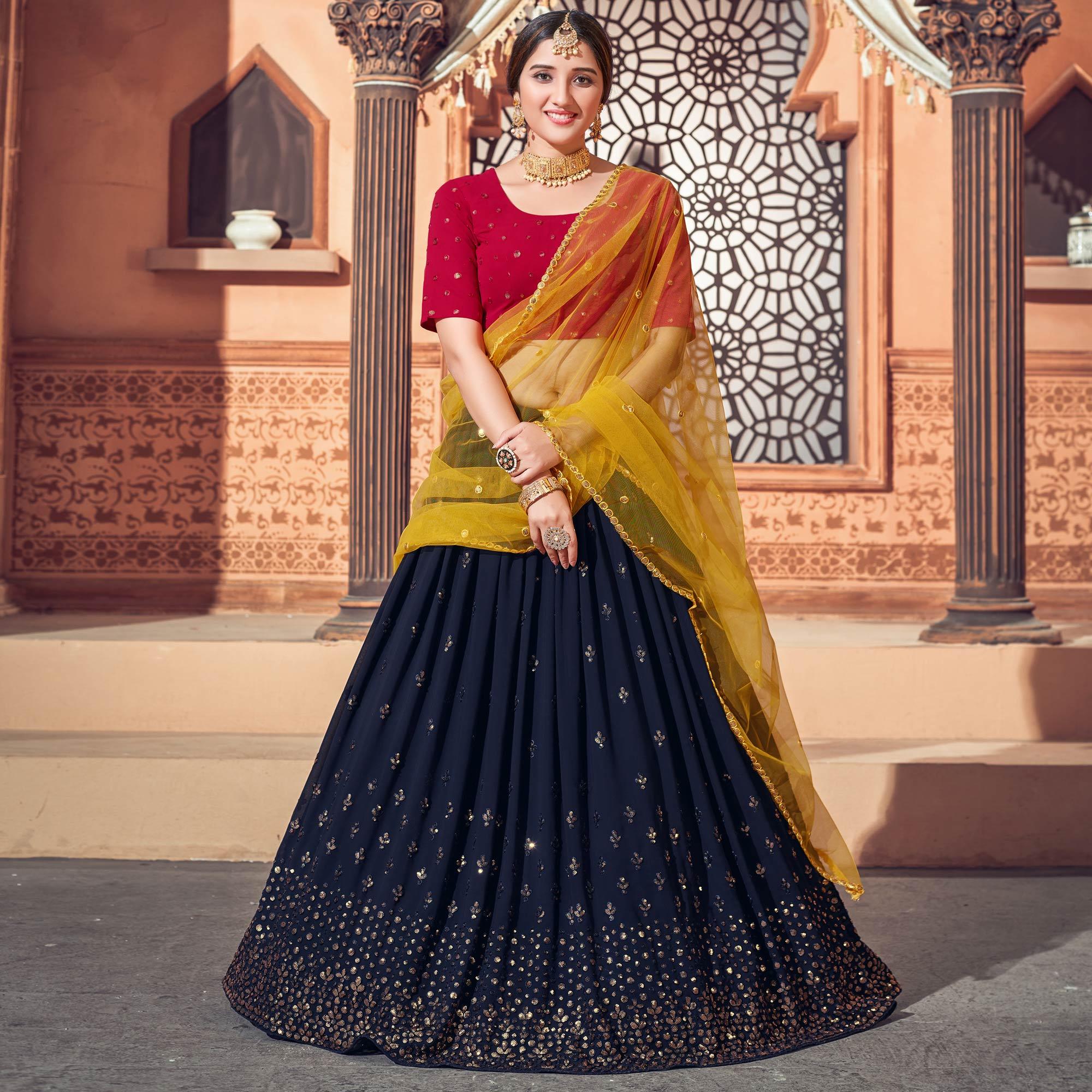 Navy Blue Festive Wear Thread with Sequence Embroidered Georgette Lehenga Choli - Peachmode