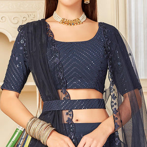 Navy Blue Festive Wear Thread with Sequence Embroidered Georgette Lehenga Choli - Peachmode