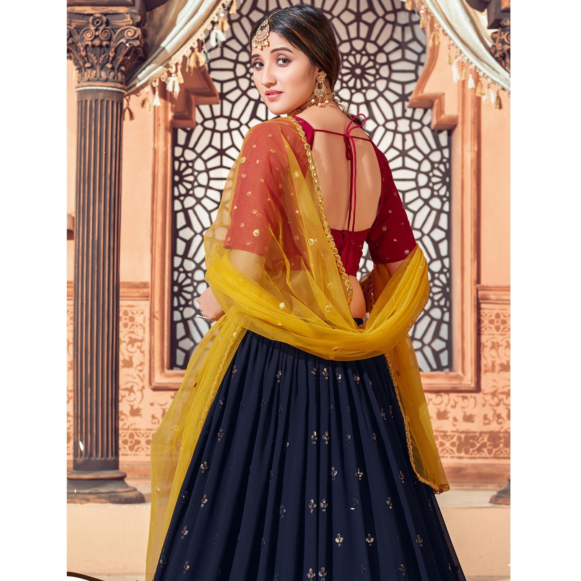 Navy Blue Festive Wear Thread with Sequence Embroidered Georgette Lehenga Choli - Peachmode
