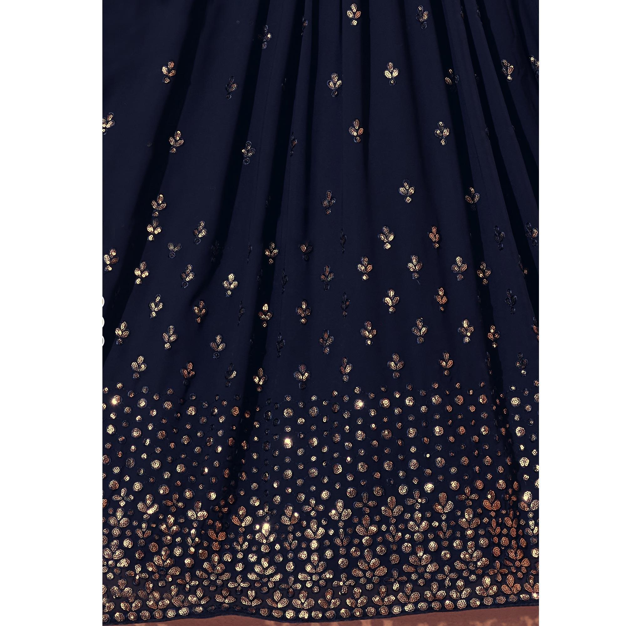Navy Blue Festive Wear Thread with Sequence Embroidered Georgette Lehenga Choli - Peachmode