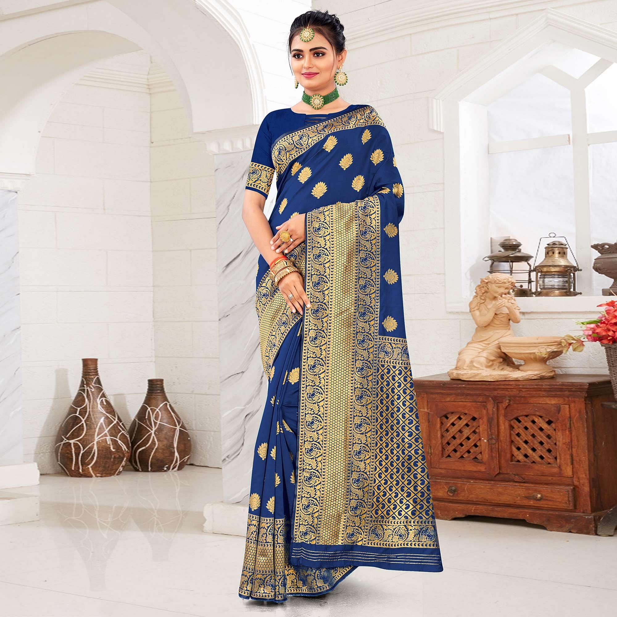 Navy Blue Festive Wear Woven Art Silk Saree - Peachmode
