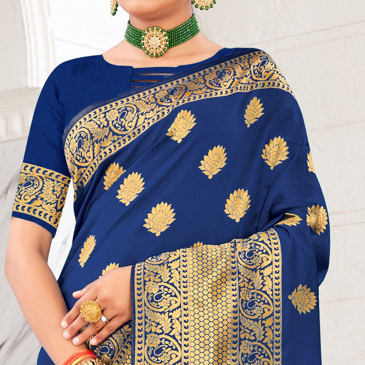 Navy Blue Festive Wear Woven Art Silk Saree - Peachmode