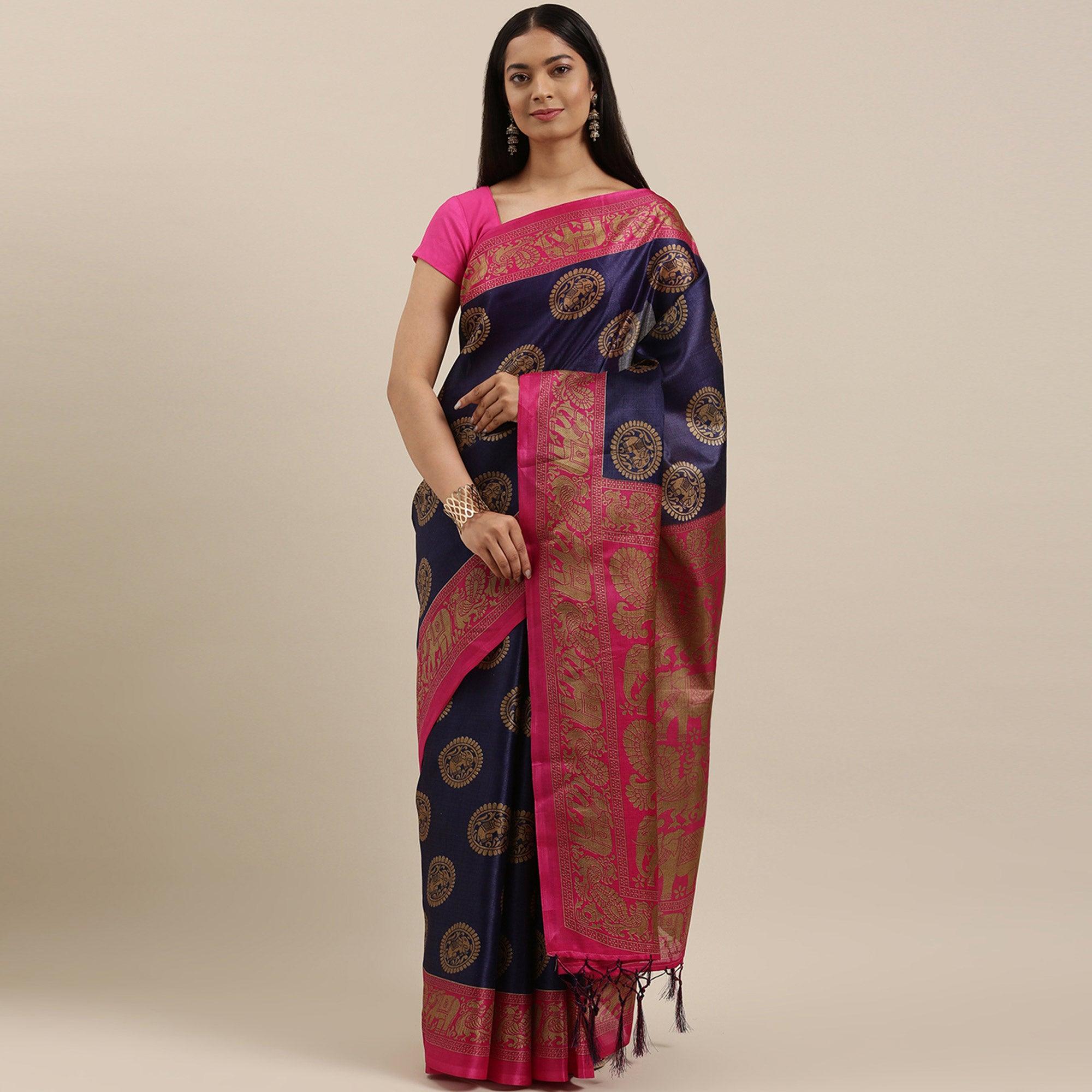 Navy Blue Festive Wear Woven Art Silk Saree With Tassels - Peachmode