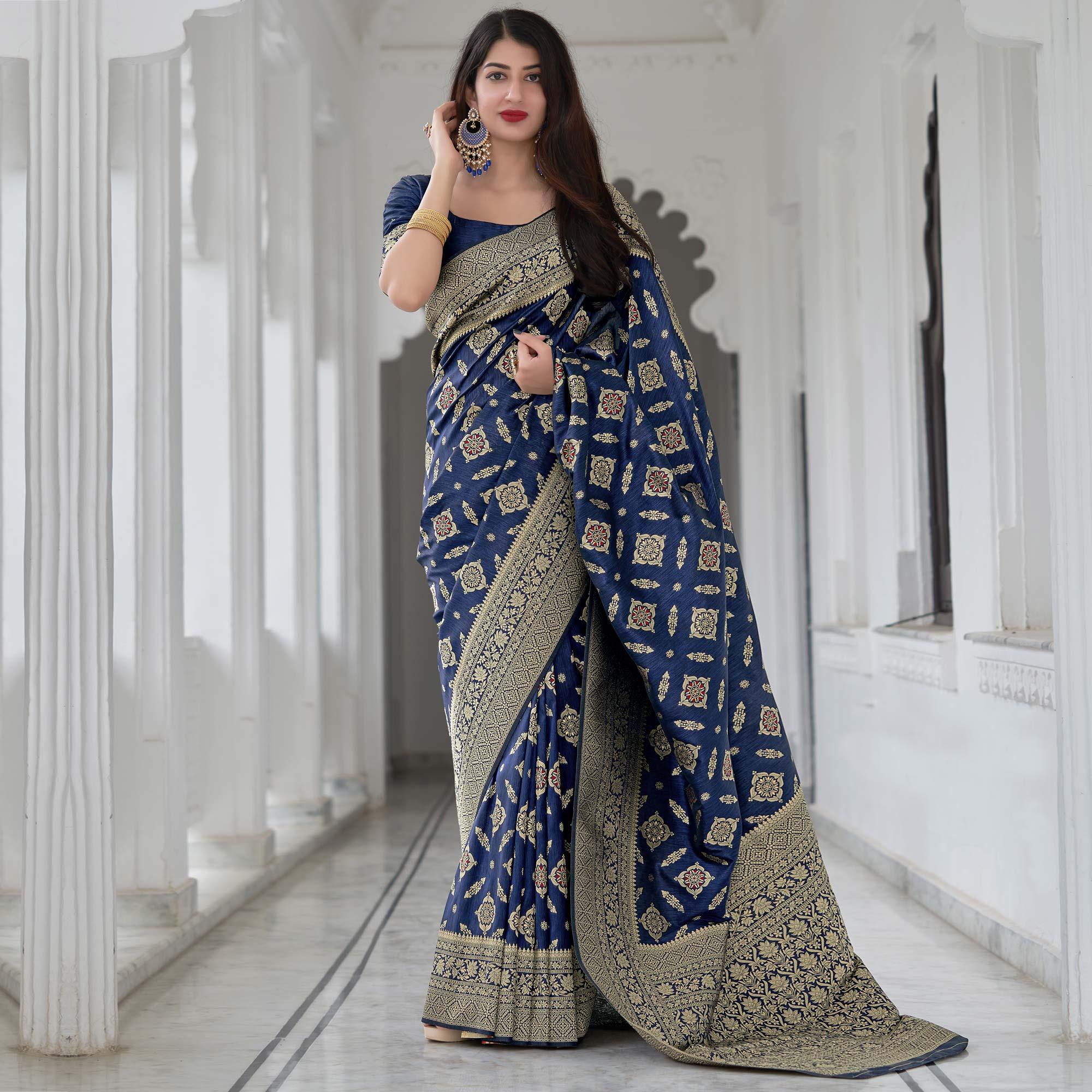 Navy Blue Festive Wear Woven Banarasi Art Silk Saree - Peachmode