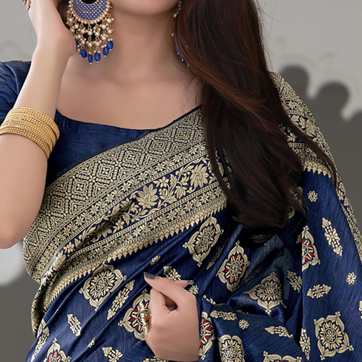 Navy Blue Festive Wear Woven Banarasi Art Silk Saree - Peachmode