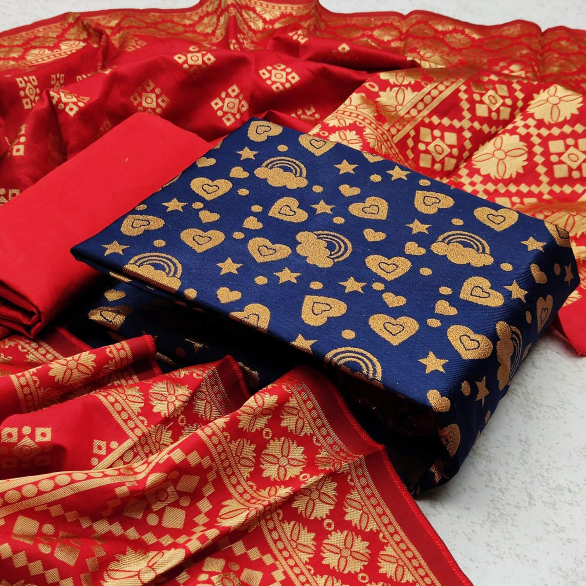 Navy Blue Festive Wear Woven Banarasi Silk Dress Material - Peachmode