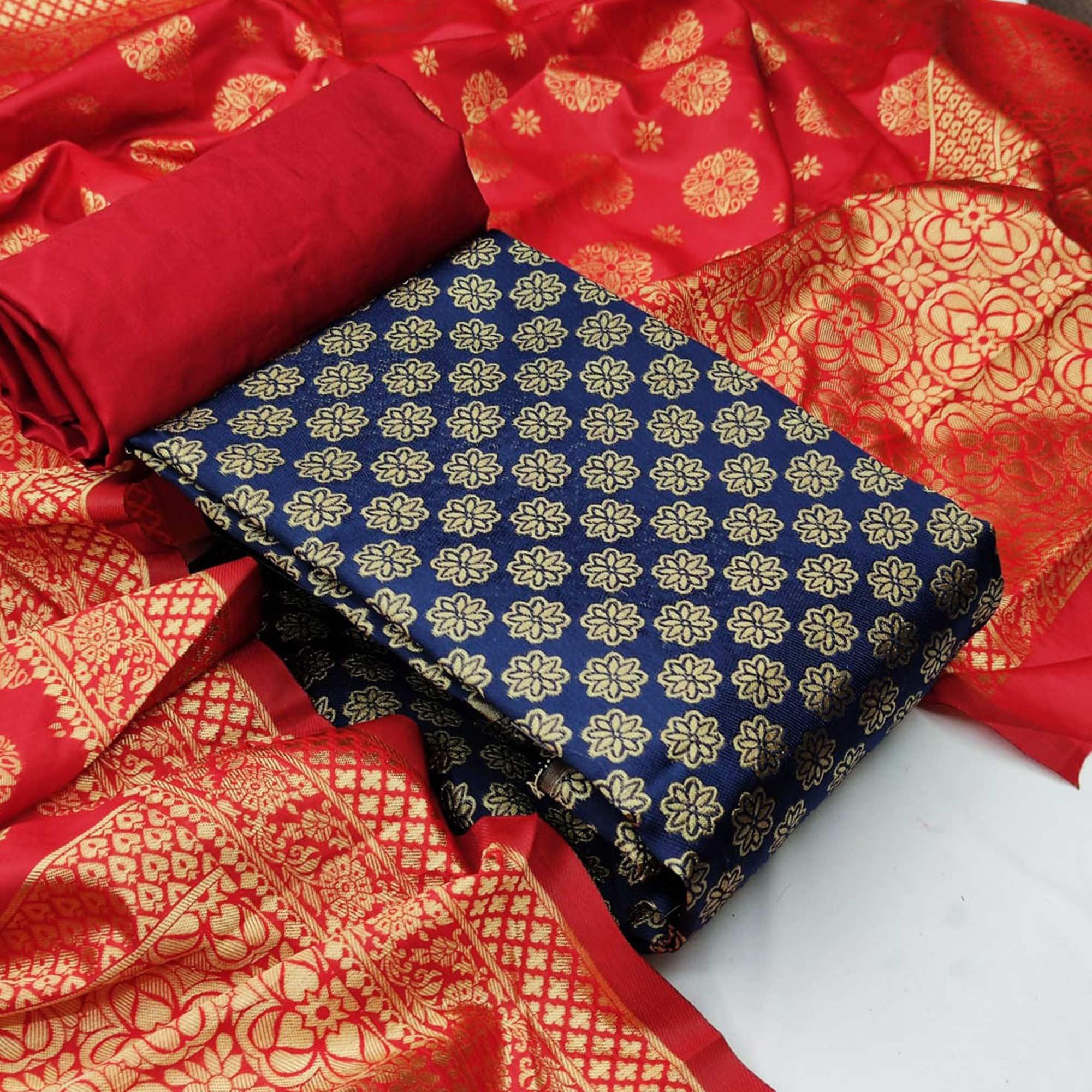 Navy Blue Festive Wear Woven Banarasi Silk Dress Material - Peachmode