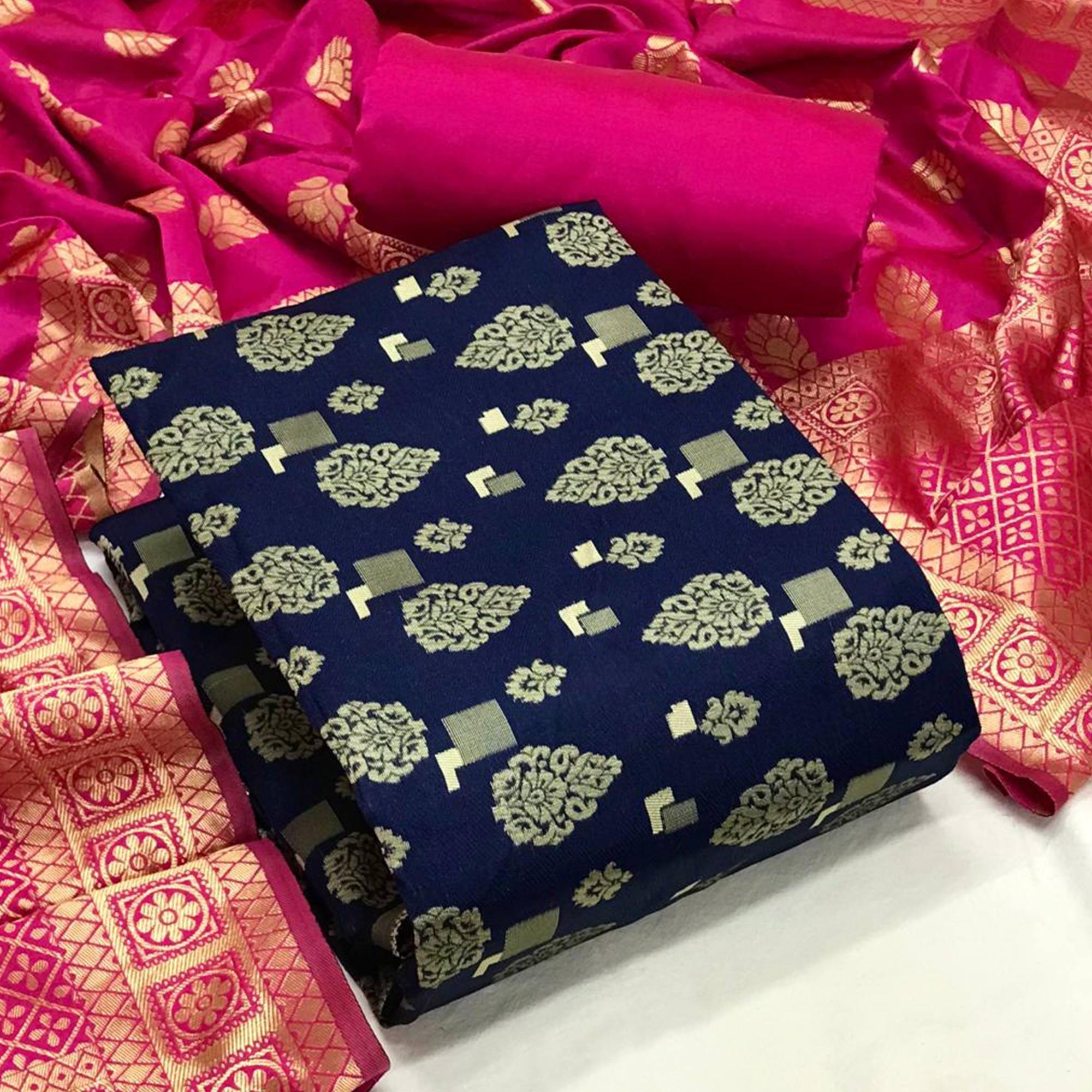 Navy Blue Festive Wear Woven Banarasi Silk Dress Material - Peachmode
