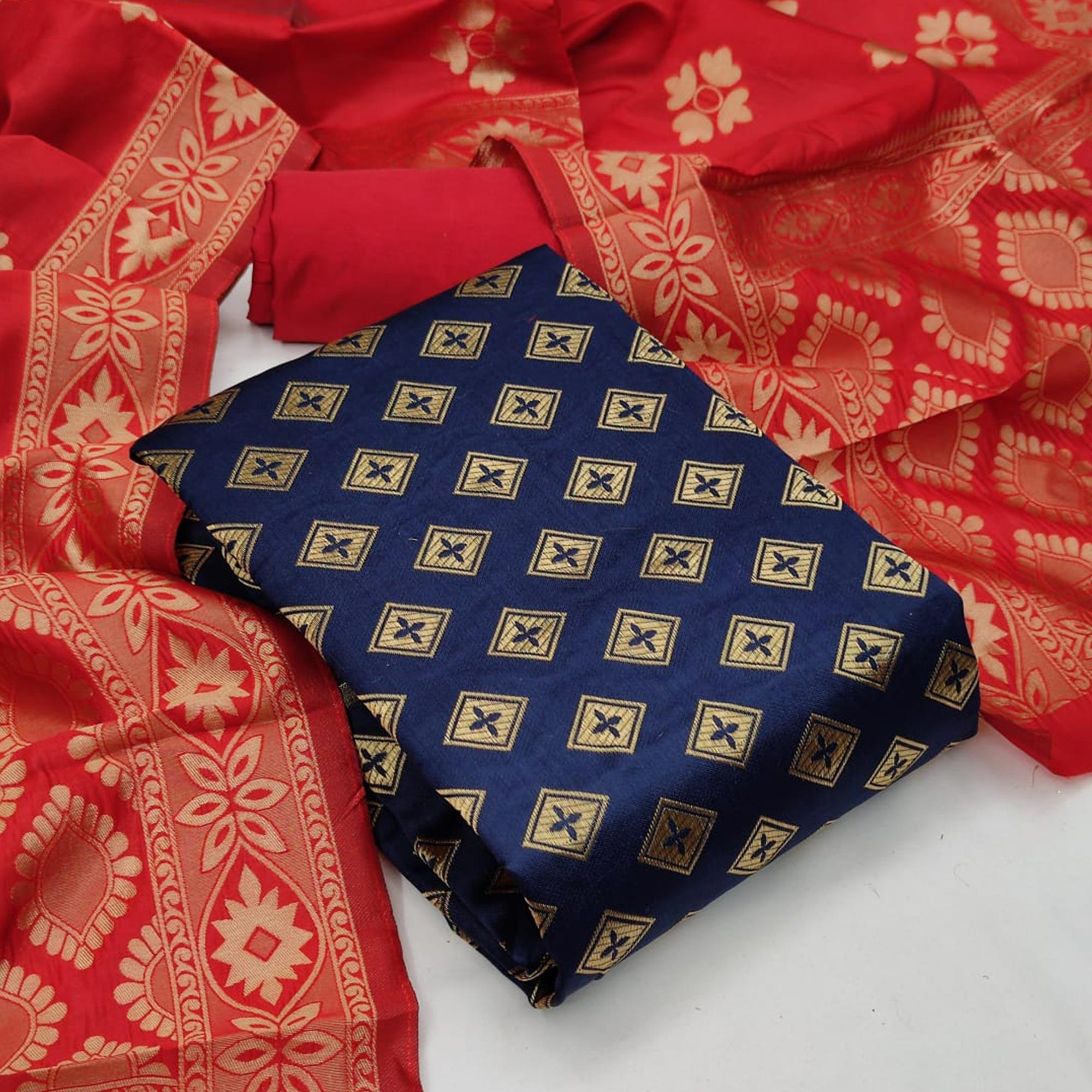 Navy Blue Festive Wear Woven Banarasi Silk Dress Material - Peachmode