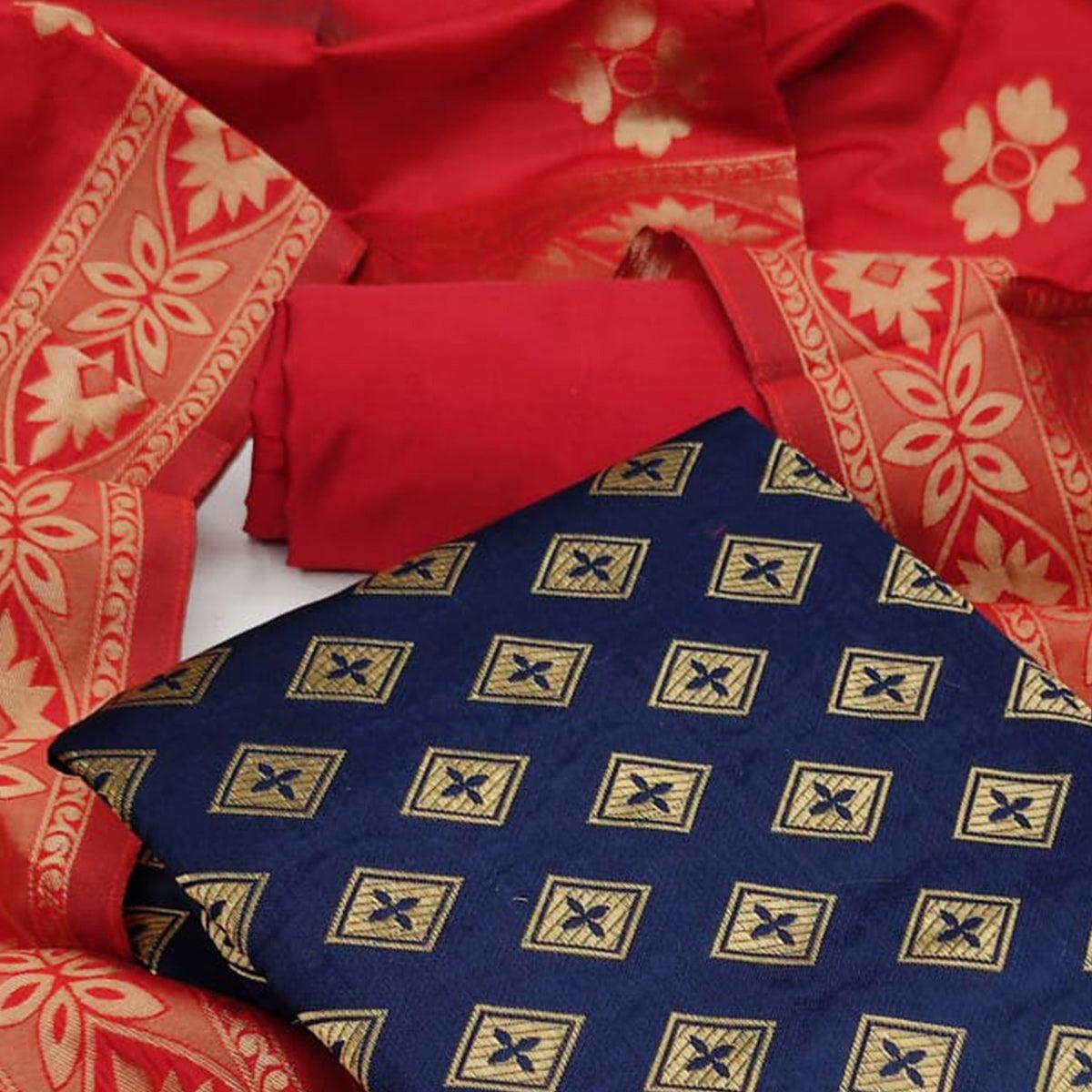Navy Blue Festive Wear Woven Banarasi Silk Dress Material - Peachmode