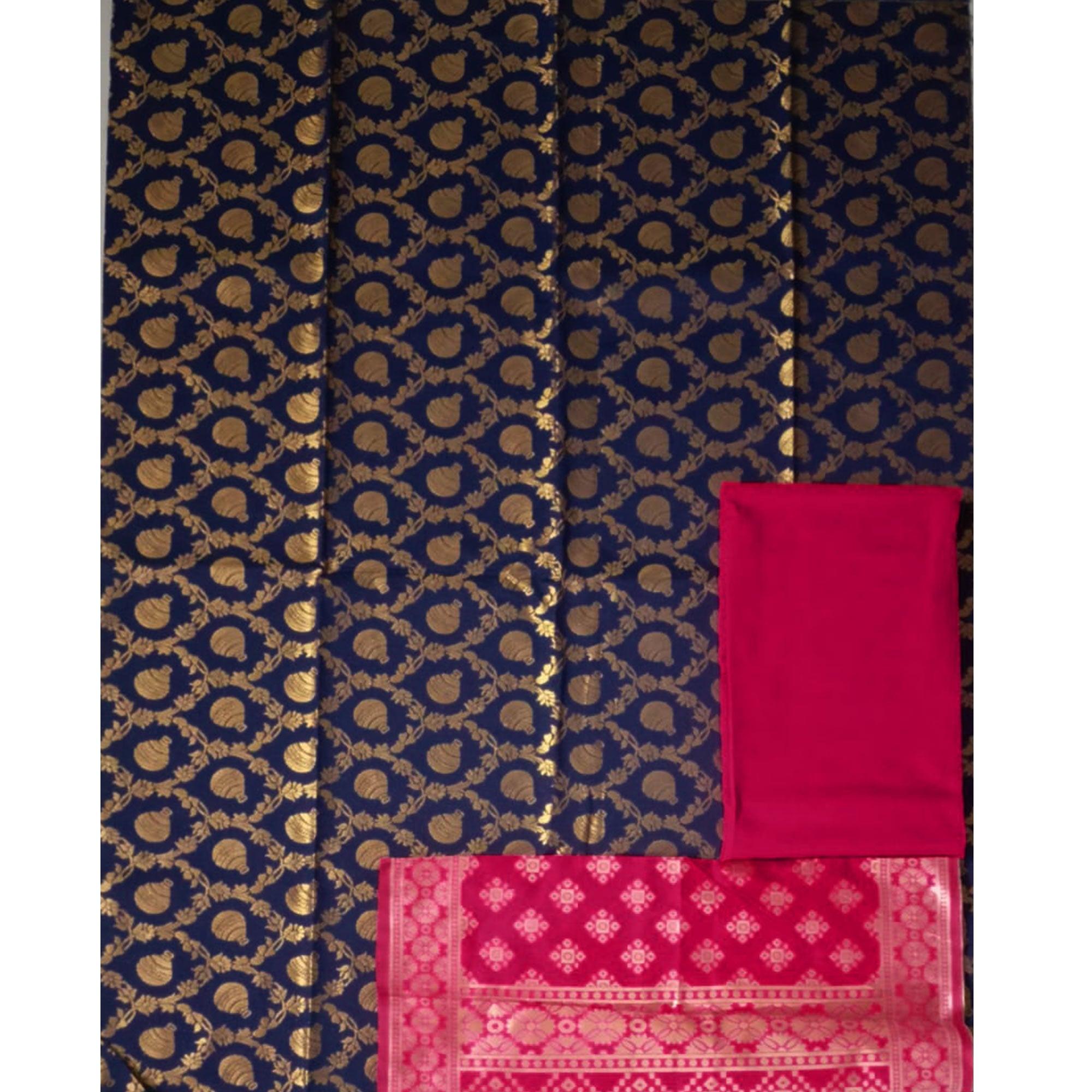 Navy Blue Festive Wear Woven Banarasi Silk Dress Material - Peachmode