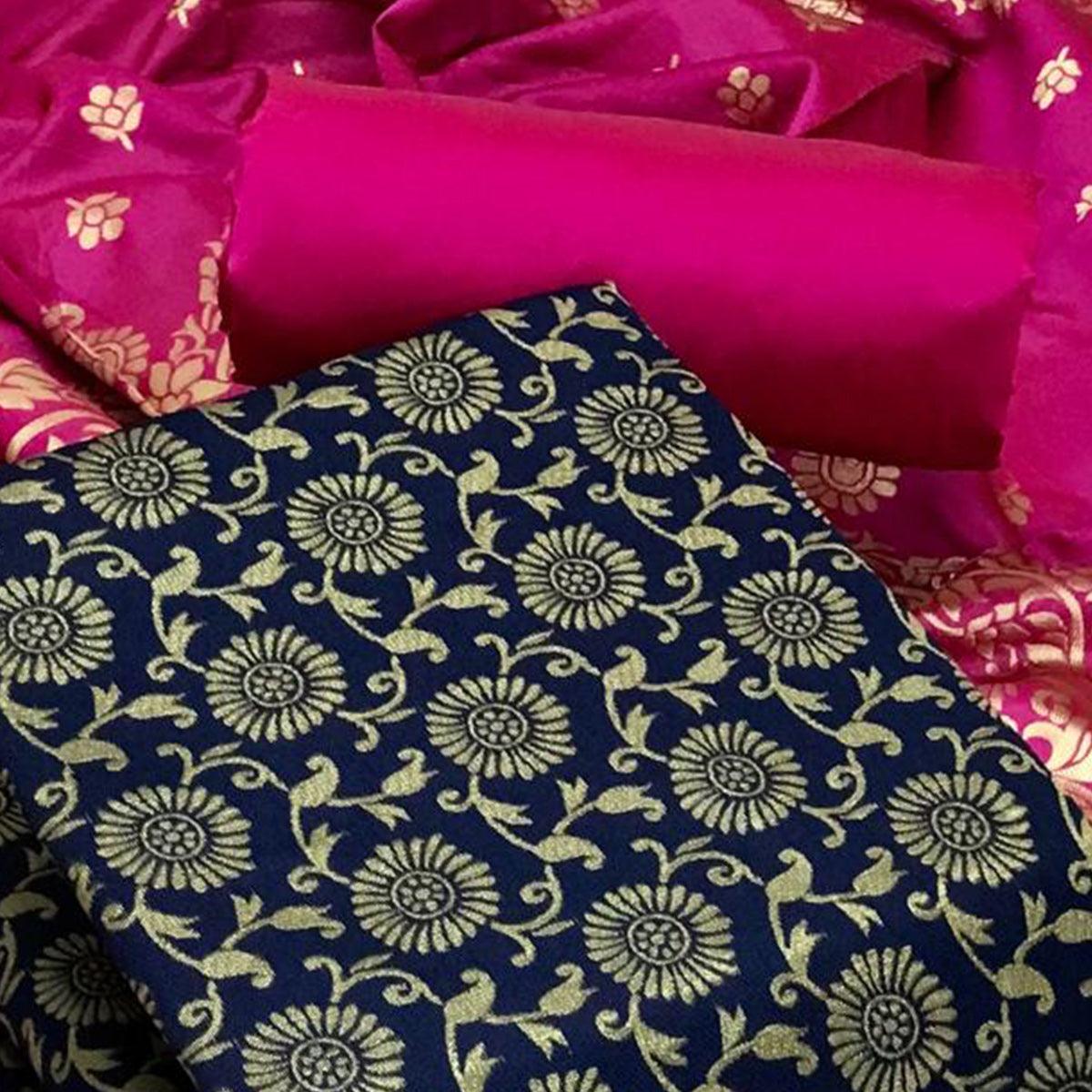 Navy Blue Festive Wear Woven Banarasi Silk Dress Material - Peachmode