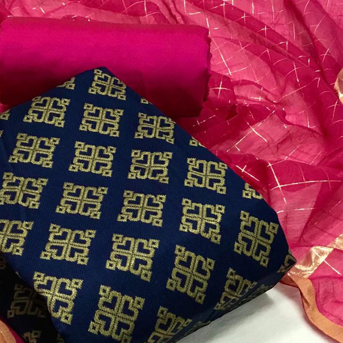 Navy Blue Festive Wear Woven Banarasi Silk Dress Material - Peachmode