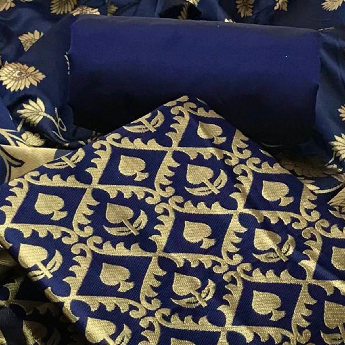 Navy Blue Festive Wear Woven Banarasi Silk Dress Material - Peachmode