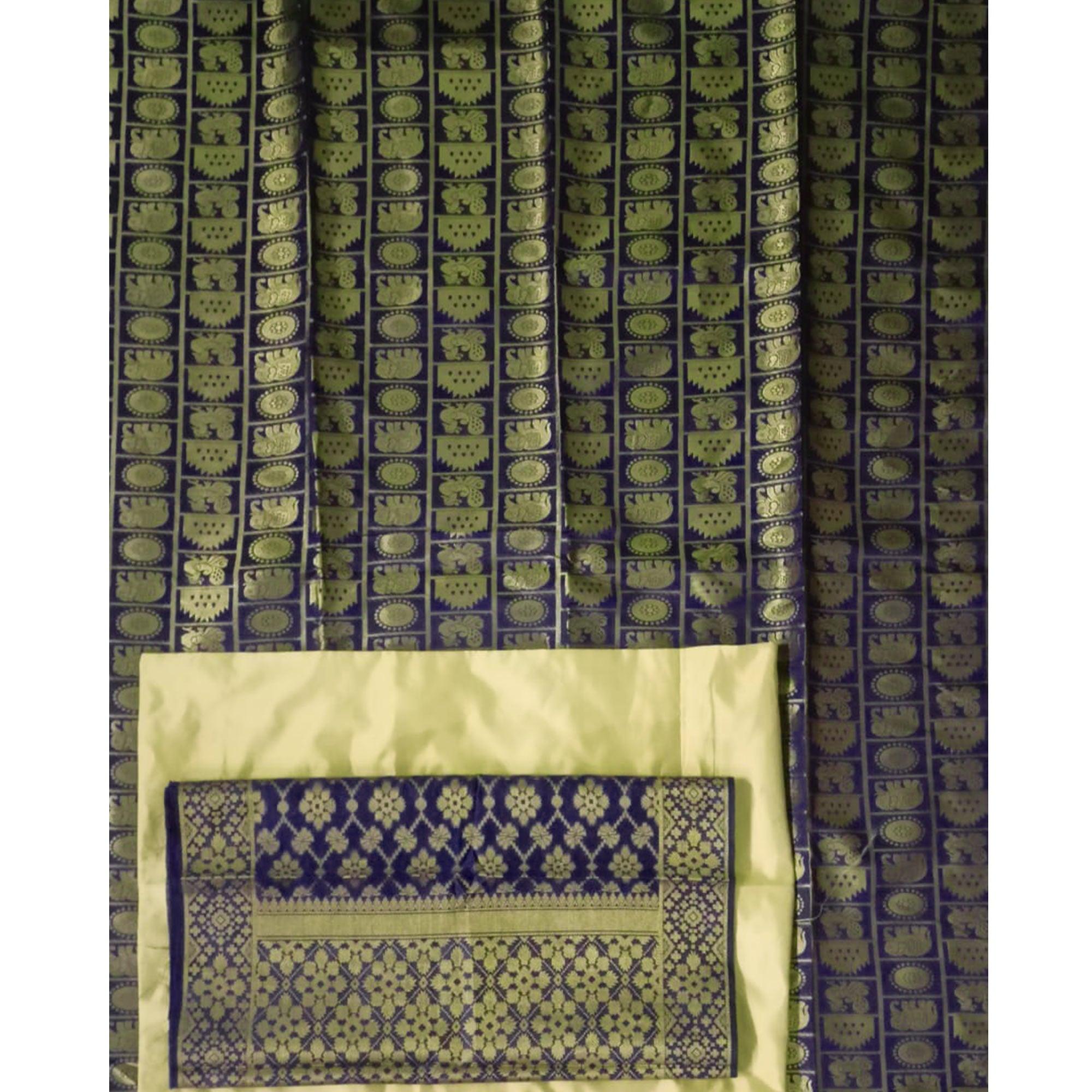 Navy Blue Festive Wear Woven Banarasi Silk Dress Material - Peachmode