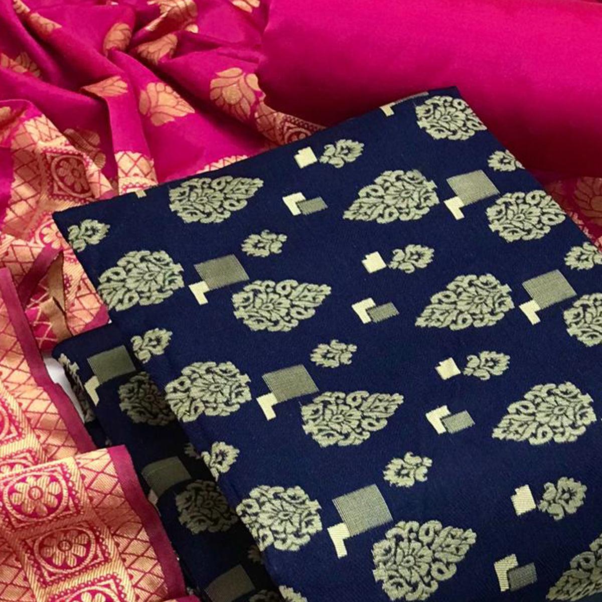 Navy Blue Festive Wear Woven Banarasi Silk Dress Material - Peachmode