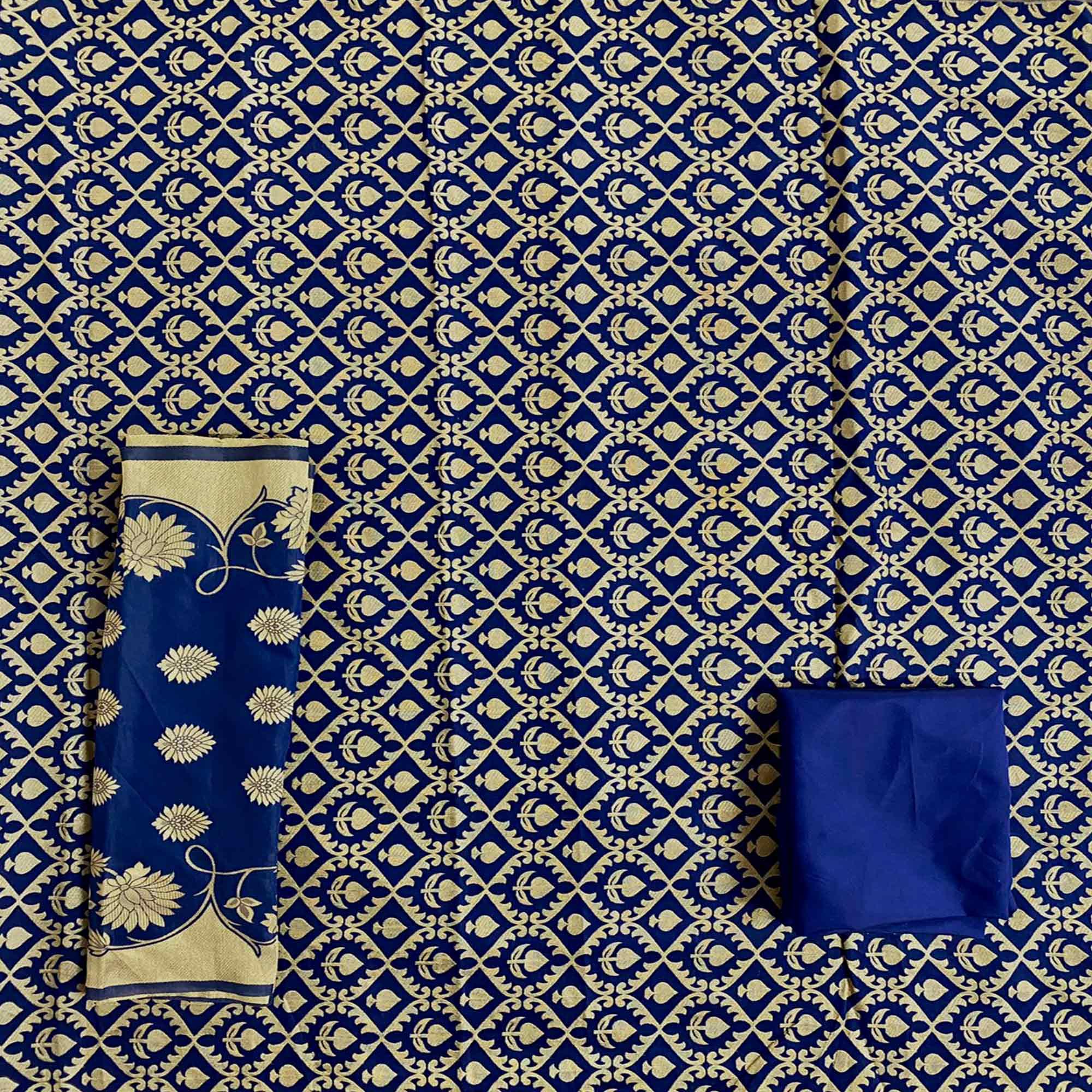 Navy Blue Festive Wear Woven Banarasi Silk Dress Material - Peachmode