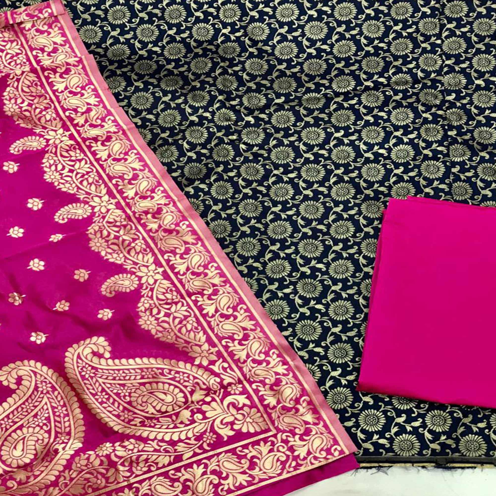 Navy Blue Festive Wear Woven Banarasi Silk Dress Material - Peachmode