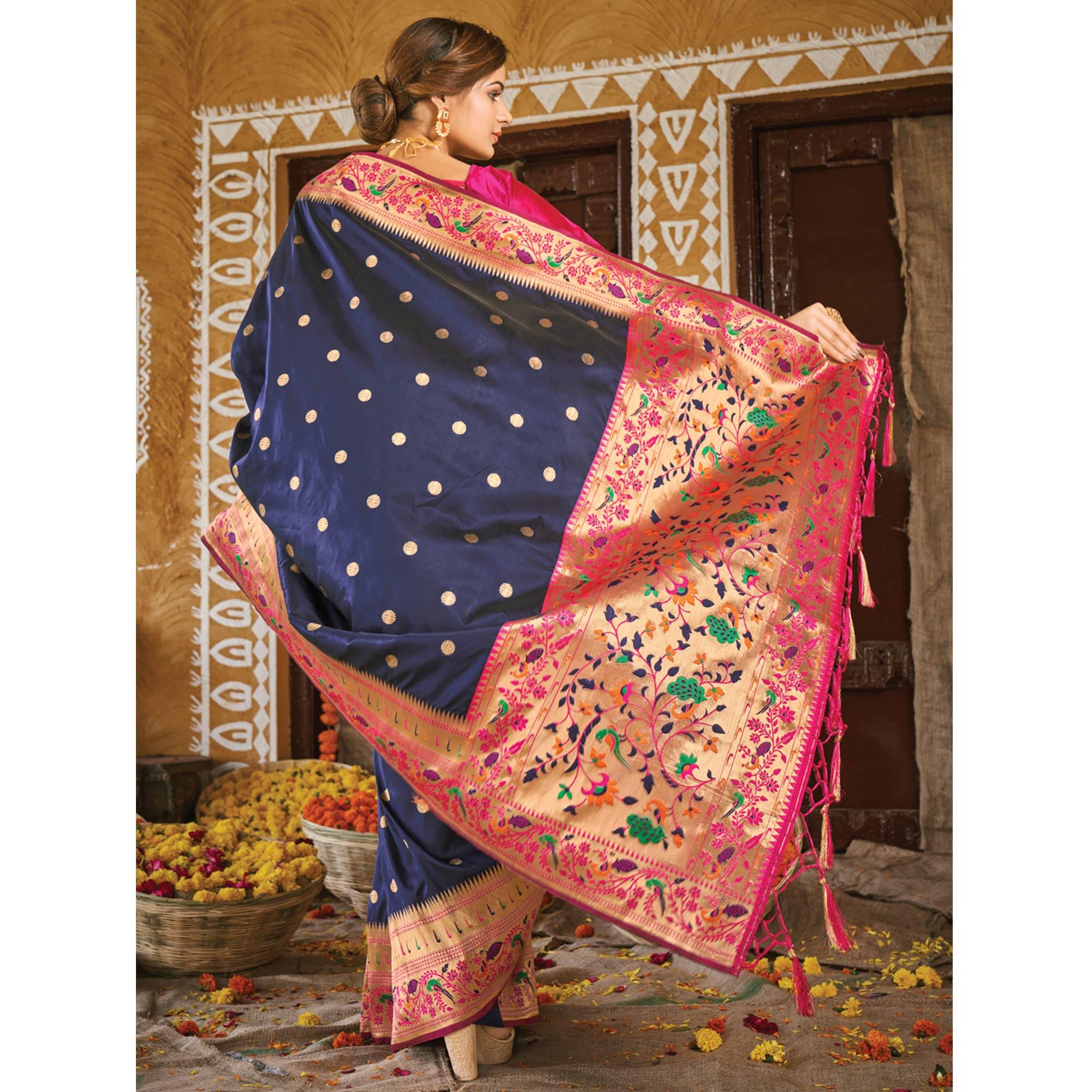 Navy Blue Festive Wear Woven Banarasi Silk Paithani Saree With Tassels - Peachmode