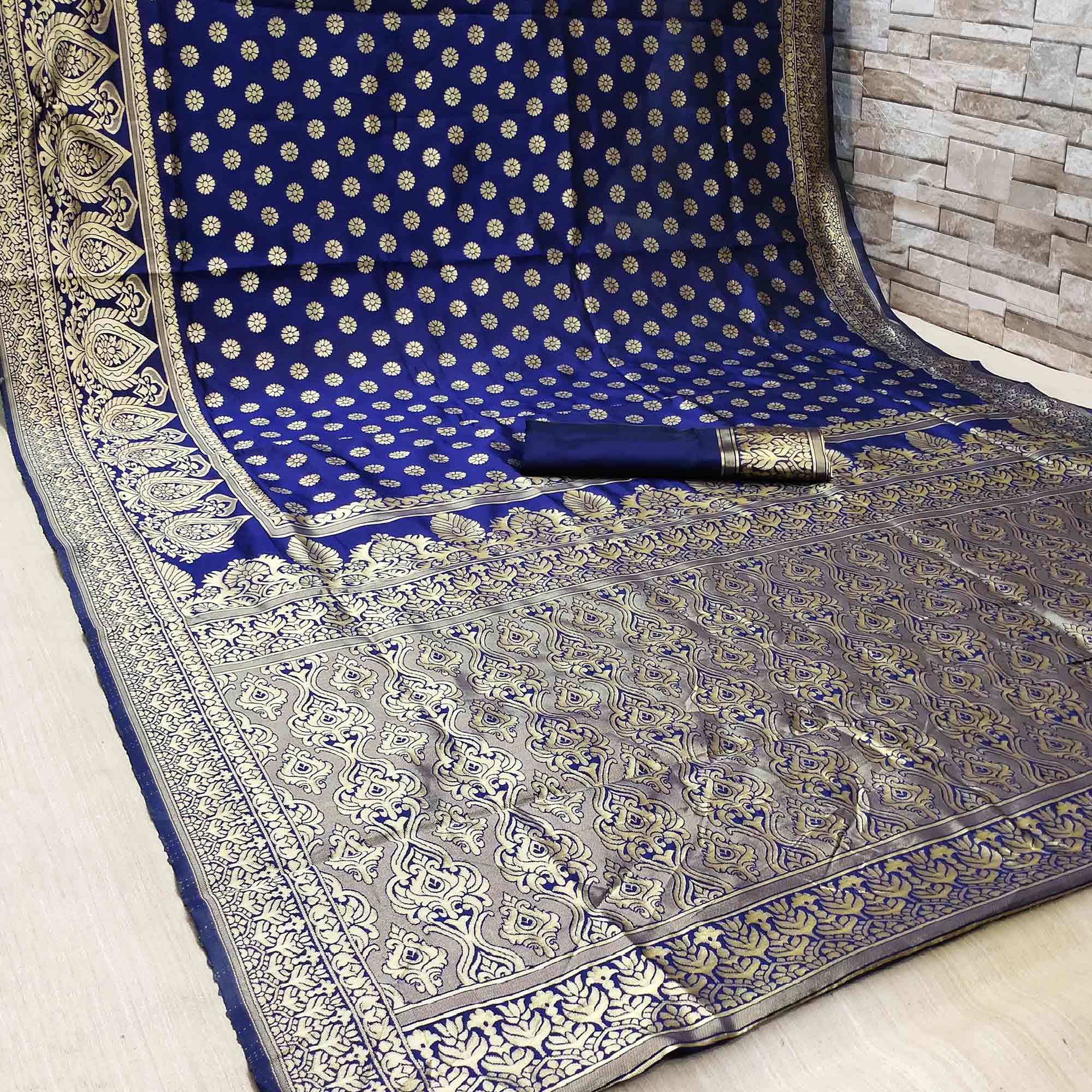 Navy Blue Festive Wear Woven Banarasi Silk Saree - Peachmode
