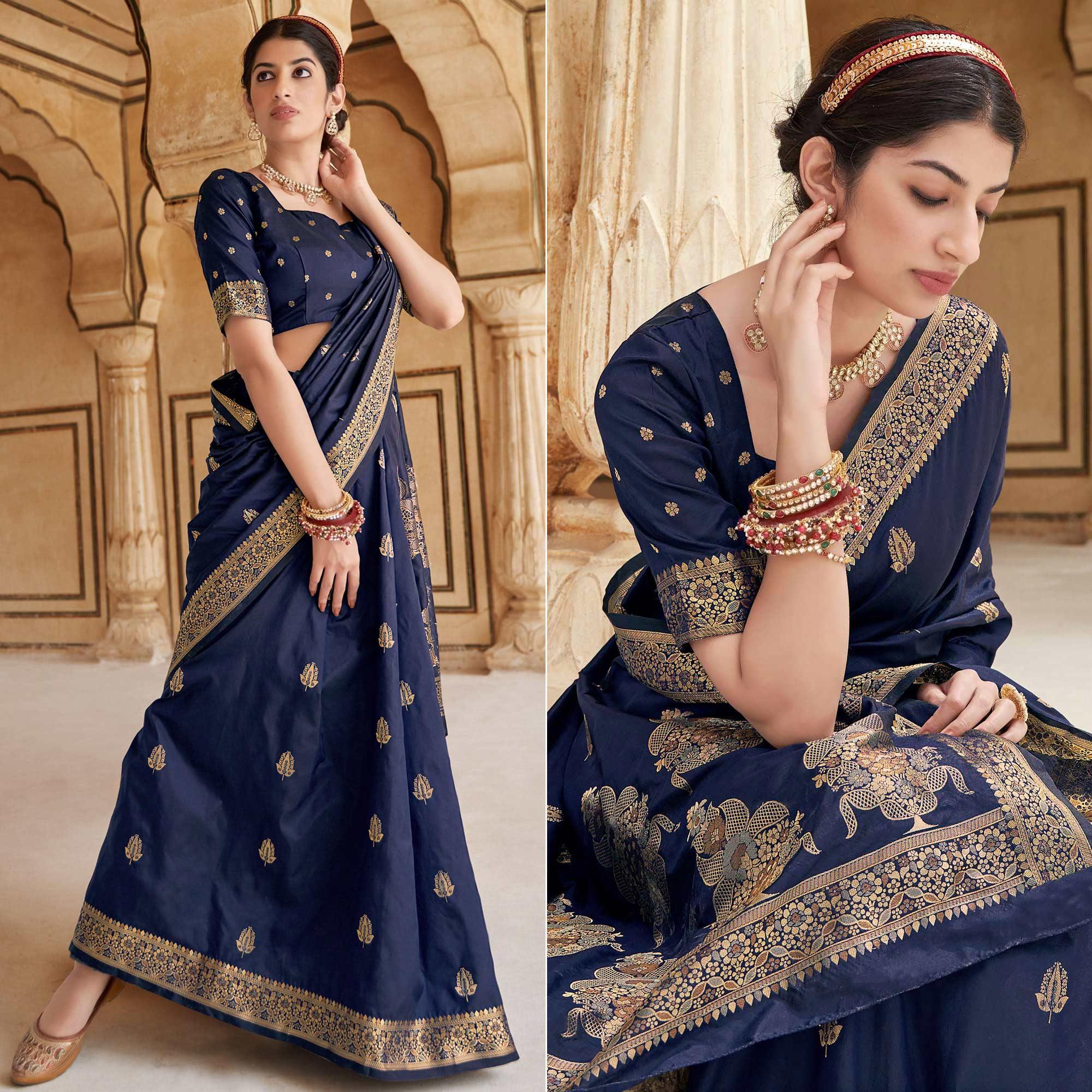 Navy Blue Festive Wear Woven Banarasi Silk Saree - Peachmode