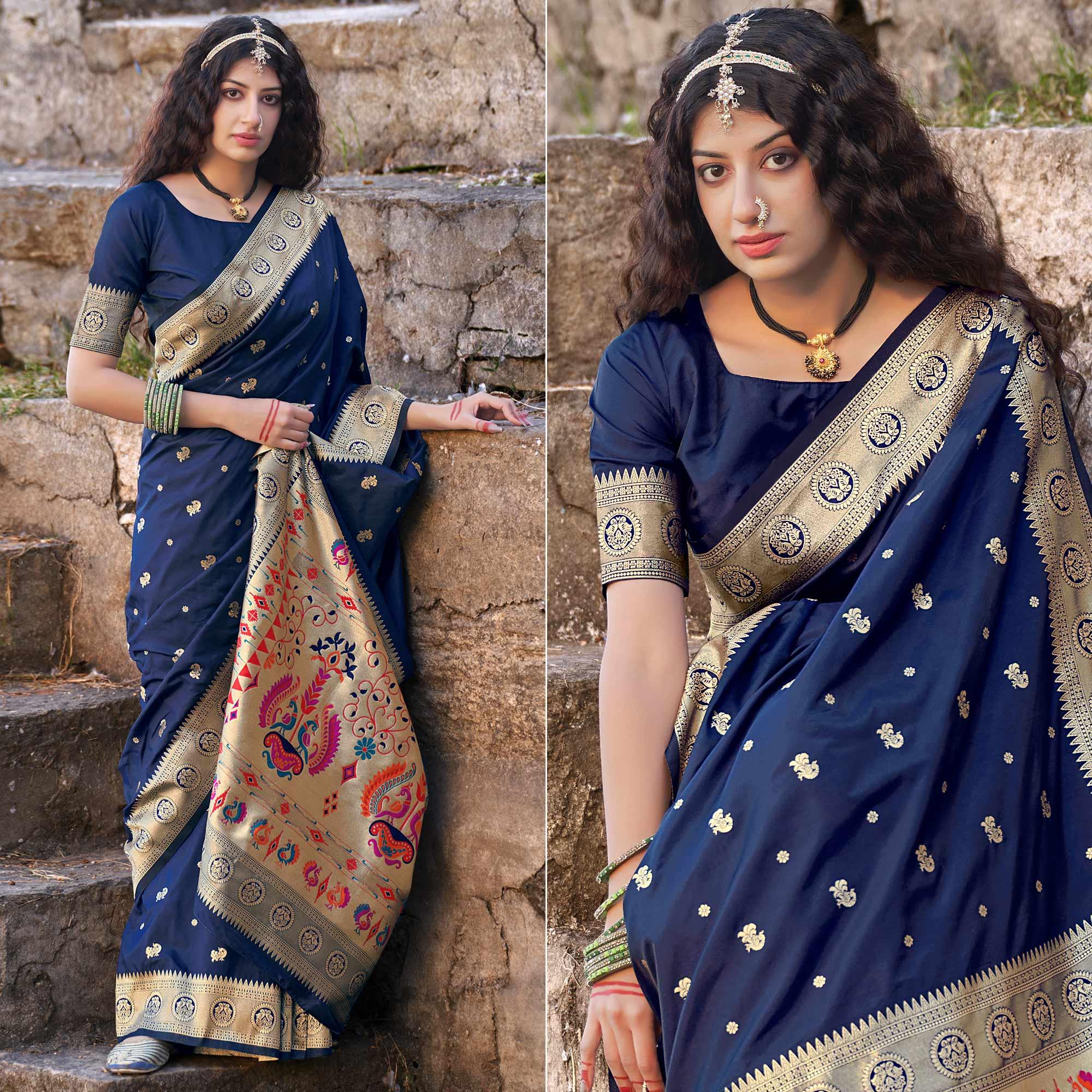 Navy Blue Festive Wear Woven Banarasi Silk Saree - Peachmode